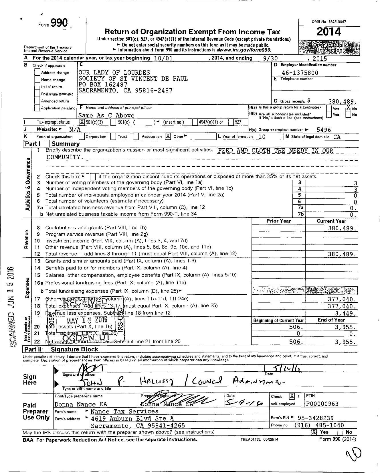 Image of first page of 2014 Form 990 for Our Lady of Lourdes