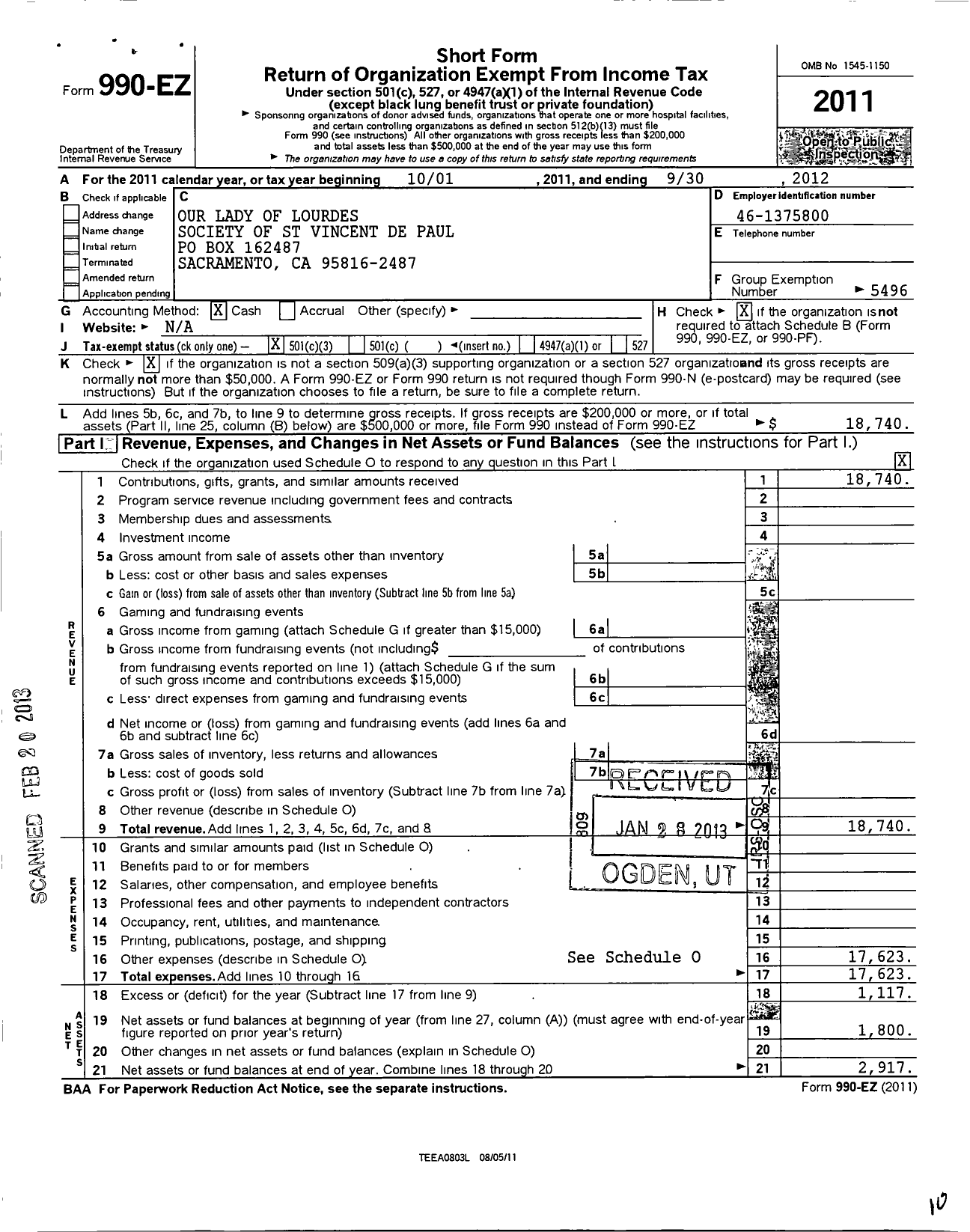 Image of first page of 2011 Form 990EZ for Our Lady of Lourdes