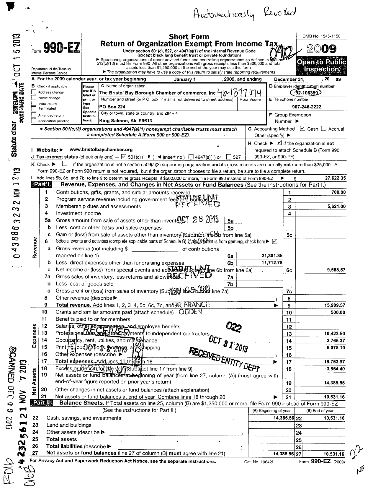 Image of first page of 2009 Form 990EO for Bristol Bay Chamber of Commerce