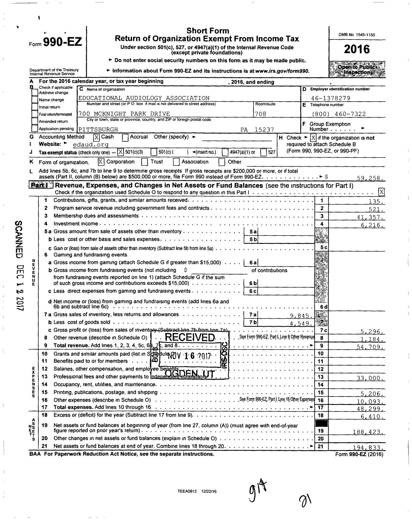 Image of first page of 2016 Form 990EZ for Educational Audiology Association