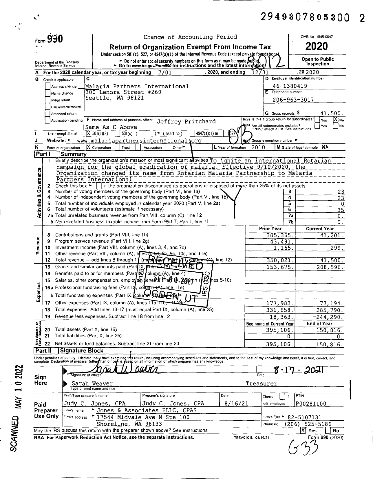 Image of first page of 2020 Form 990 for Malaria Partners International