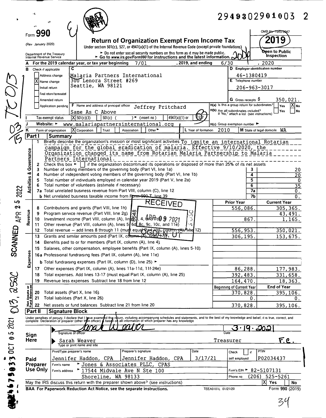 Image of first page of 2019 Form 990 for Malaria Partners International