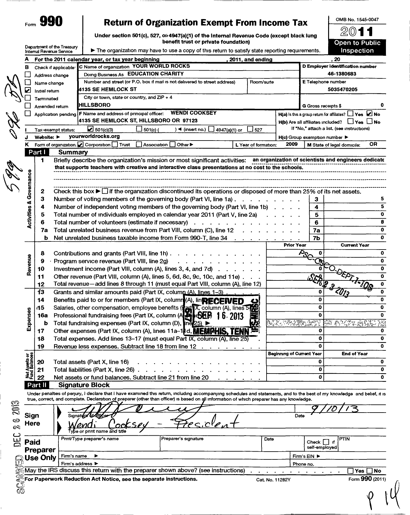 Image of first page of 2011 Form 990 for Your World Rocks