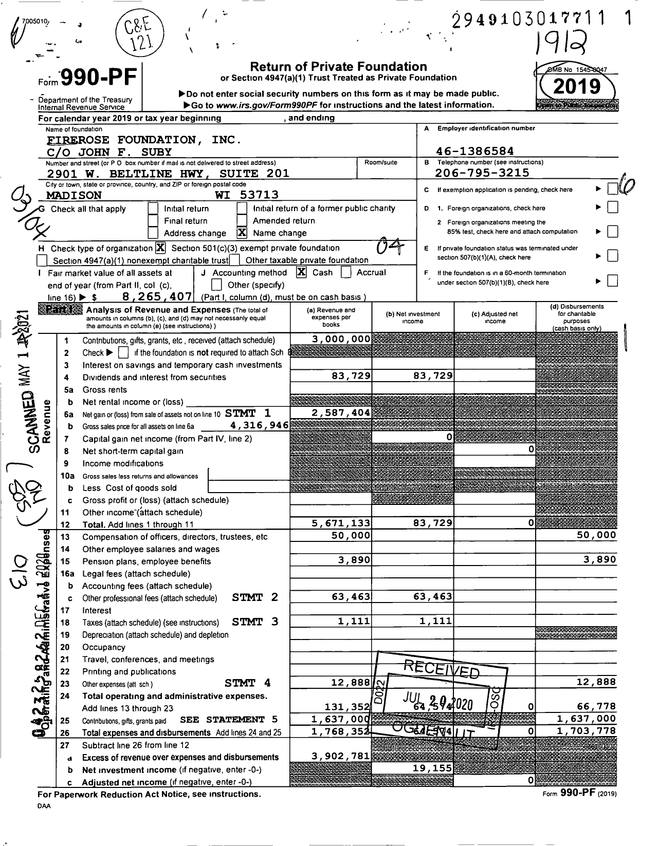 Image of first page of 2019 Form 990PF for Firerose Foundation