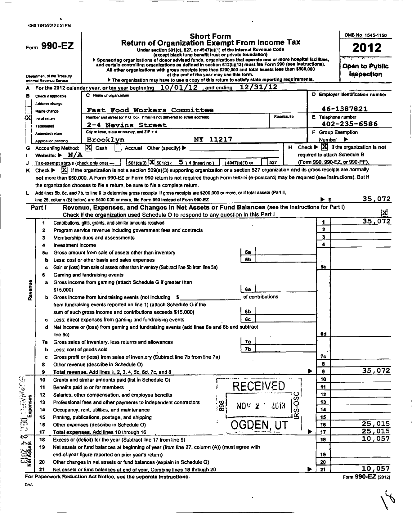 Image of first page of 2012 Form 990EO for Fast Food Workers Committee