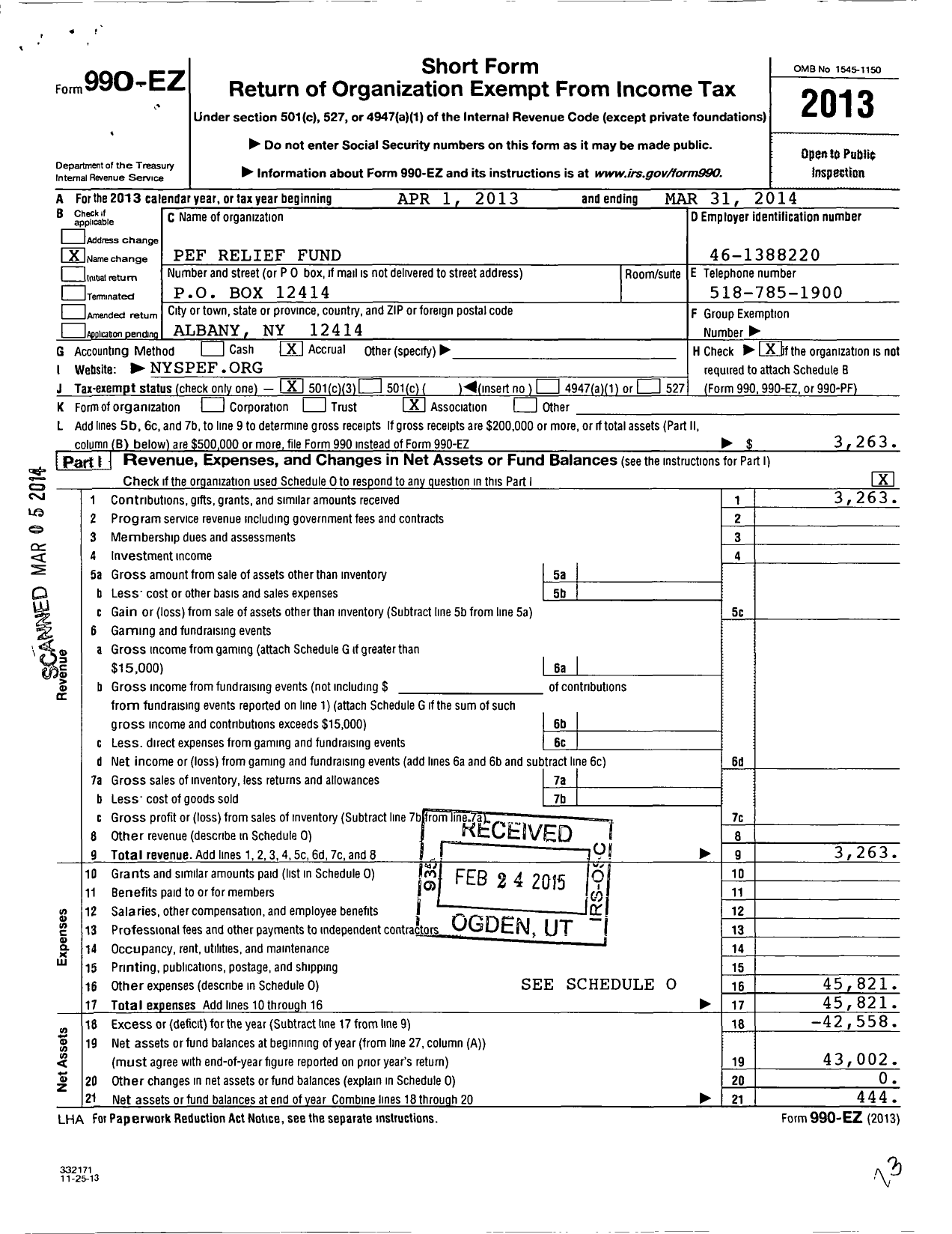 Image of first page of 2013 Form 990EZ for Pef Relief Fund