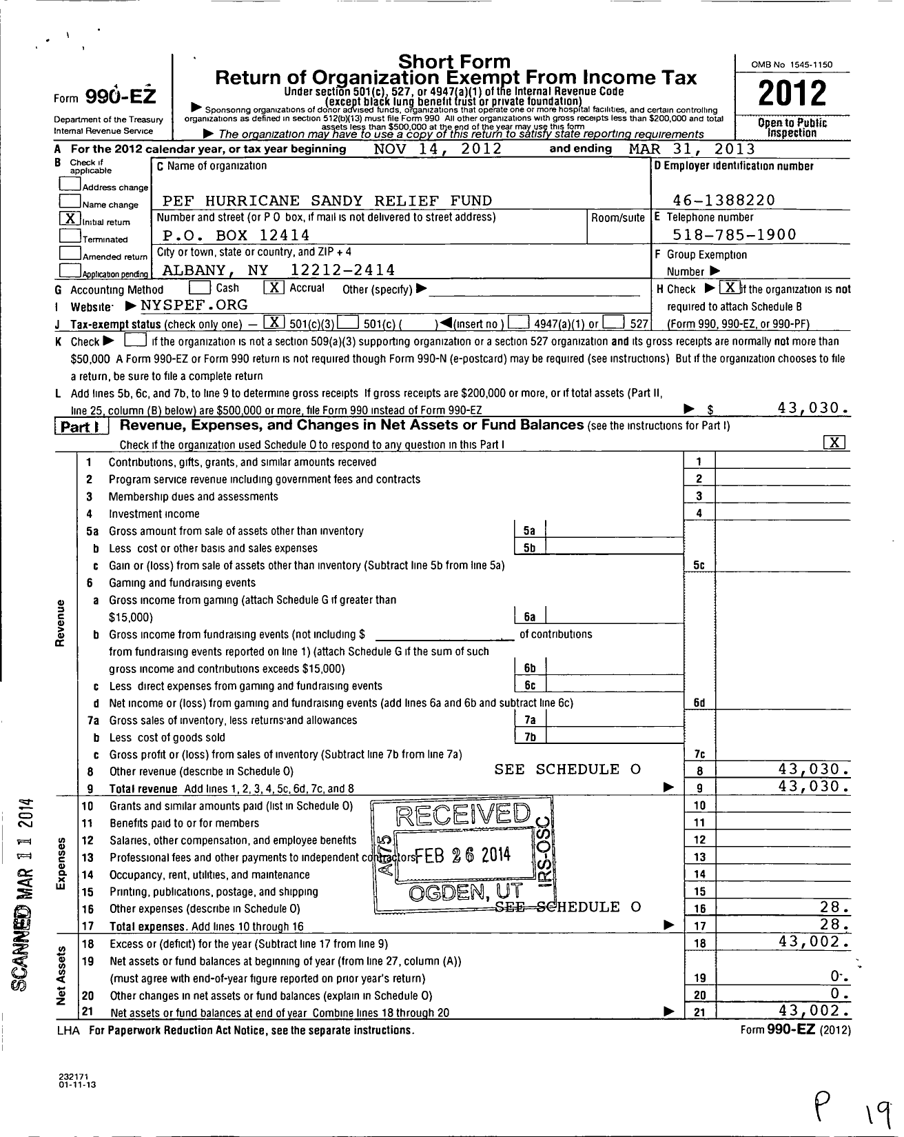 Image of first page of 2012 Form 990EZ for Pef Relief Fund