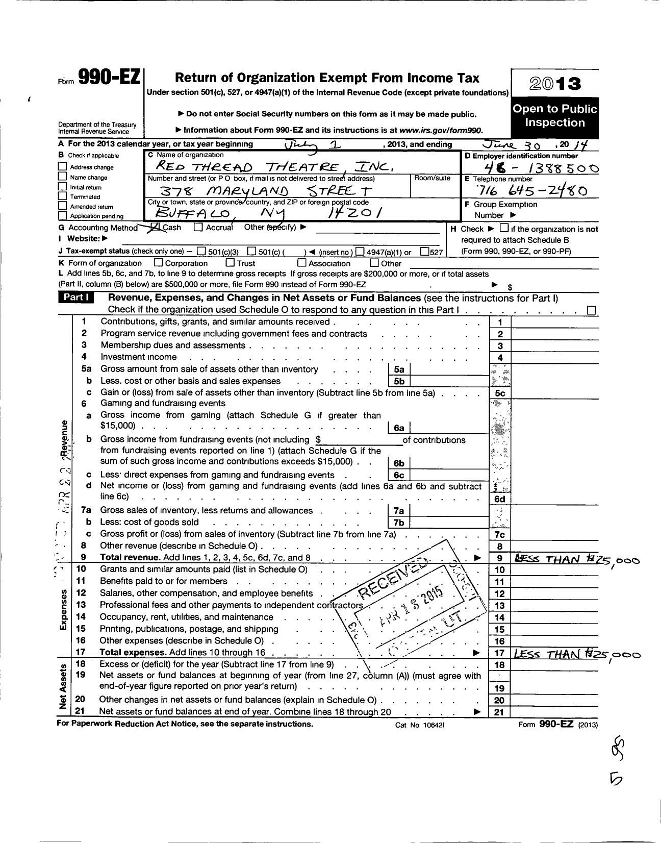 Image of first page of 2013 Form 990EO for Red Thread Theatre