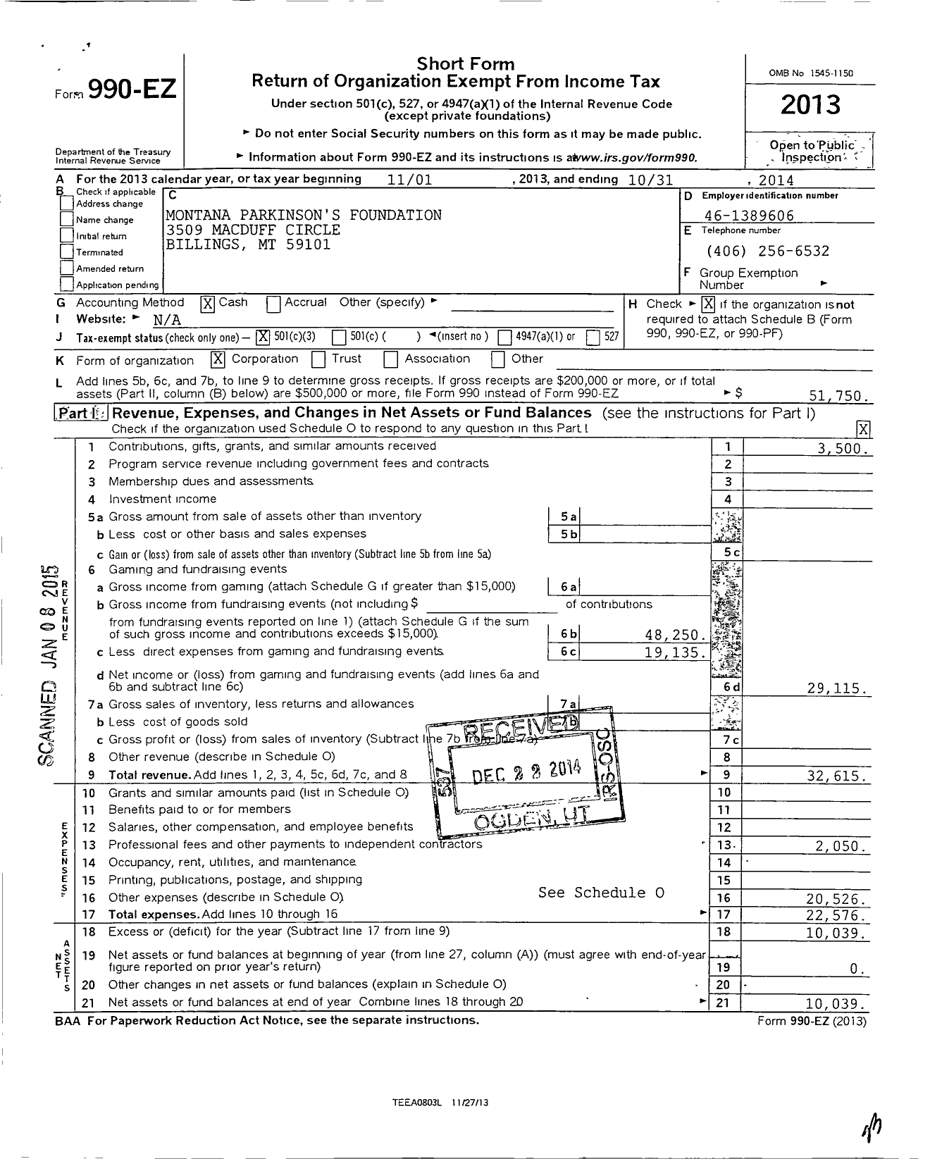 Image of first page of 2013 Form 990EZ for Montana Parkinson's Foundation Montana Parkinson's Foundation