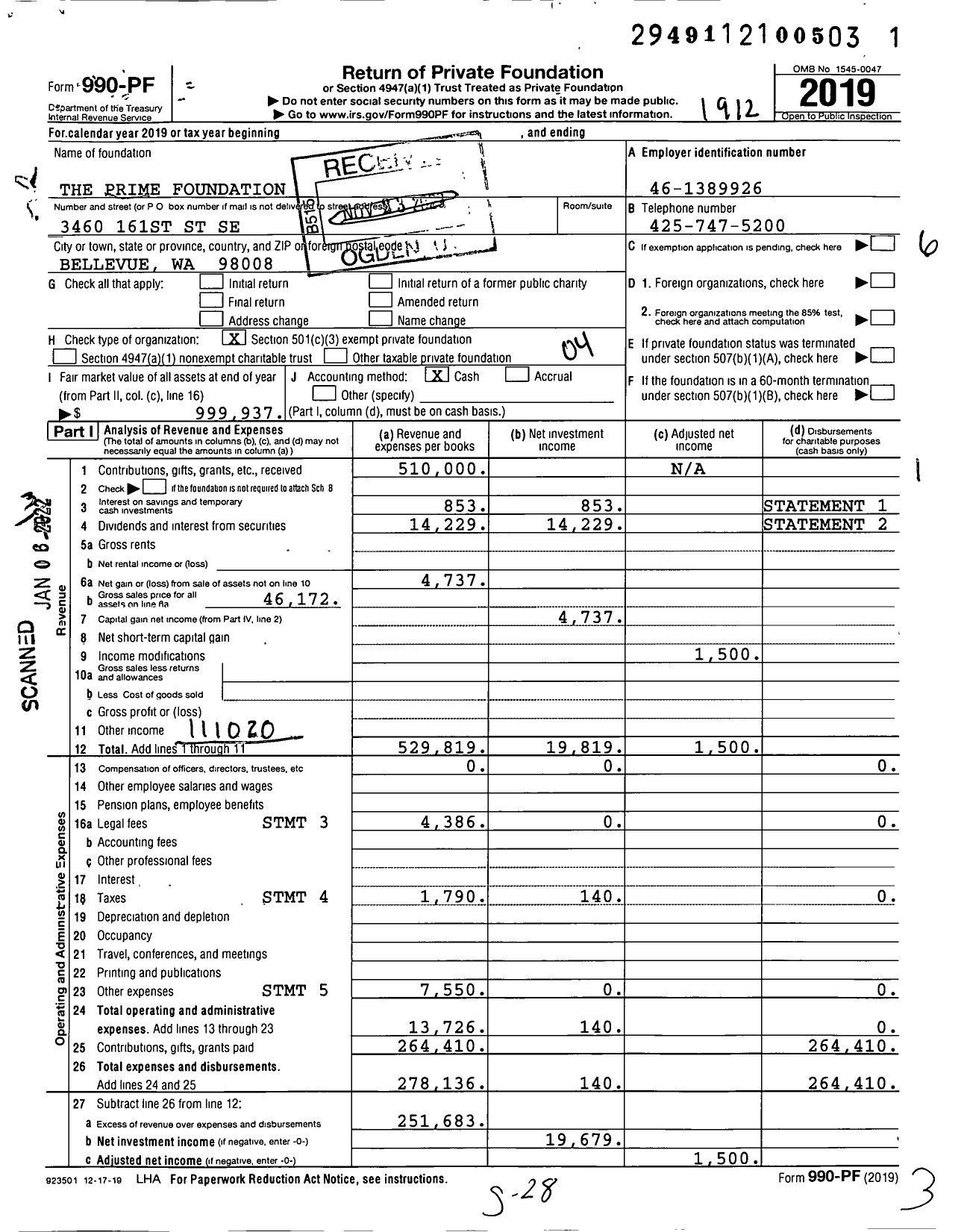 Image of first page of 2019 Form 990PF for The Prime Foundation