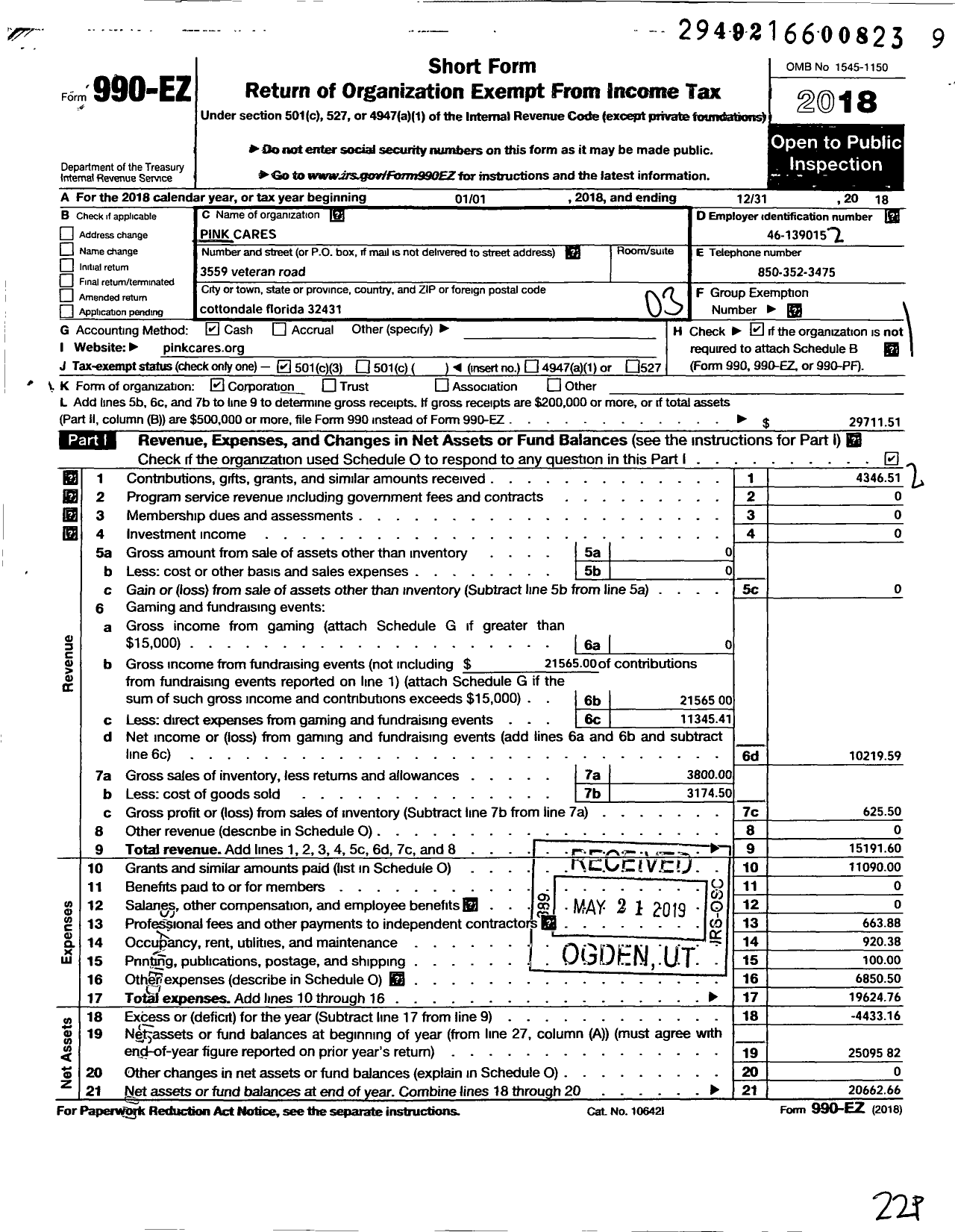 Image of first page of 2018 Form 990EZ for Pink Cares