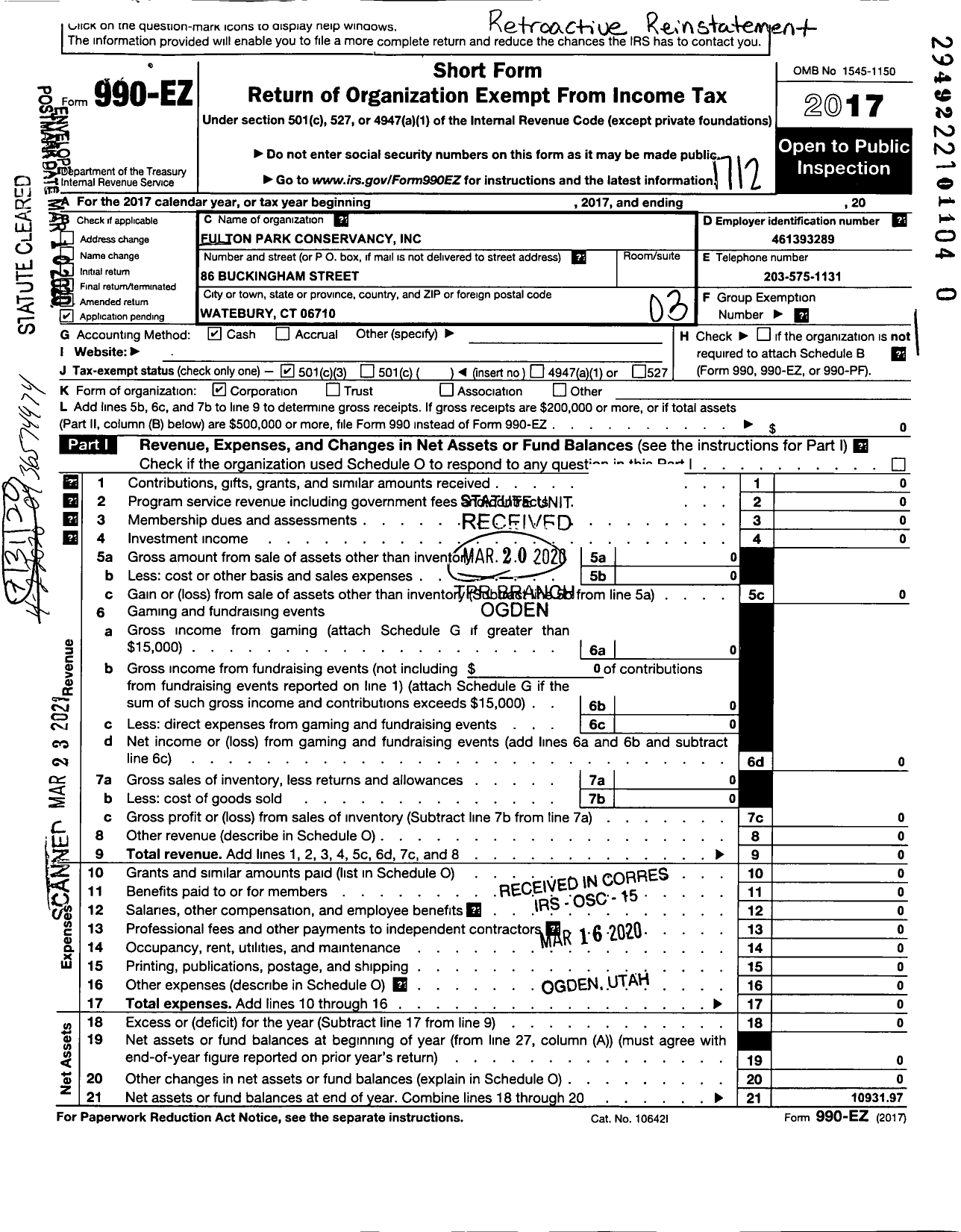 Image of first page of 2017 Form 990EZ for Fulton Park Conservancy