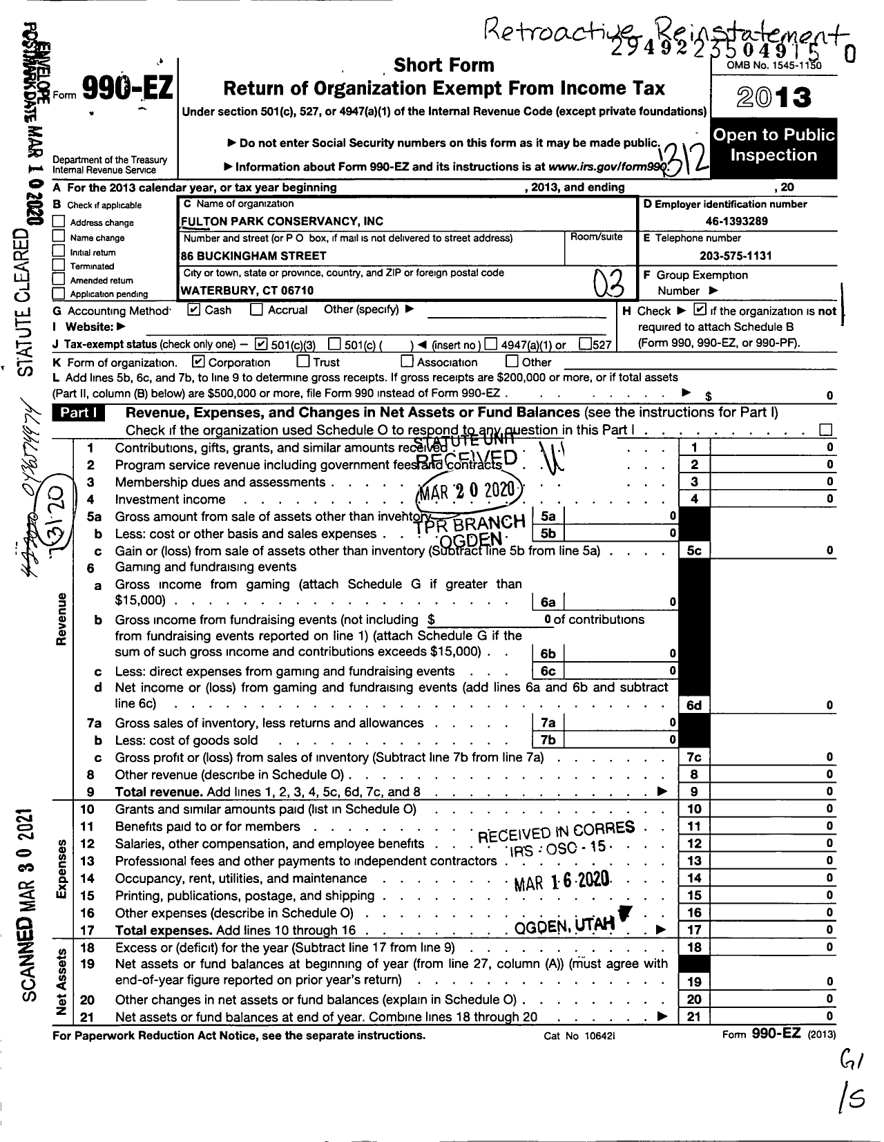 Image of first page of 2013 Form 990EZ for Fulton Park Conservancy