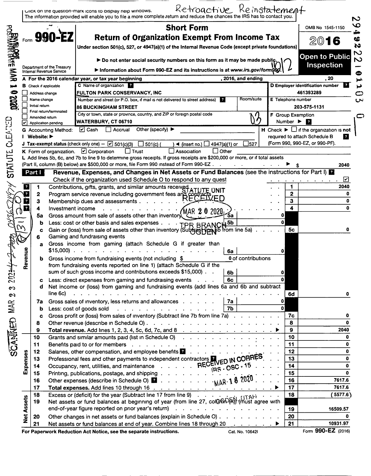 Image of first page of 2016 Form 990EZ for Fulton Park Conservancy