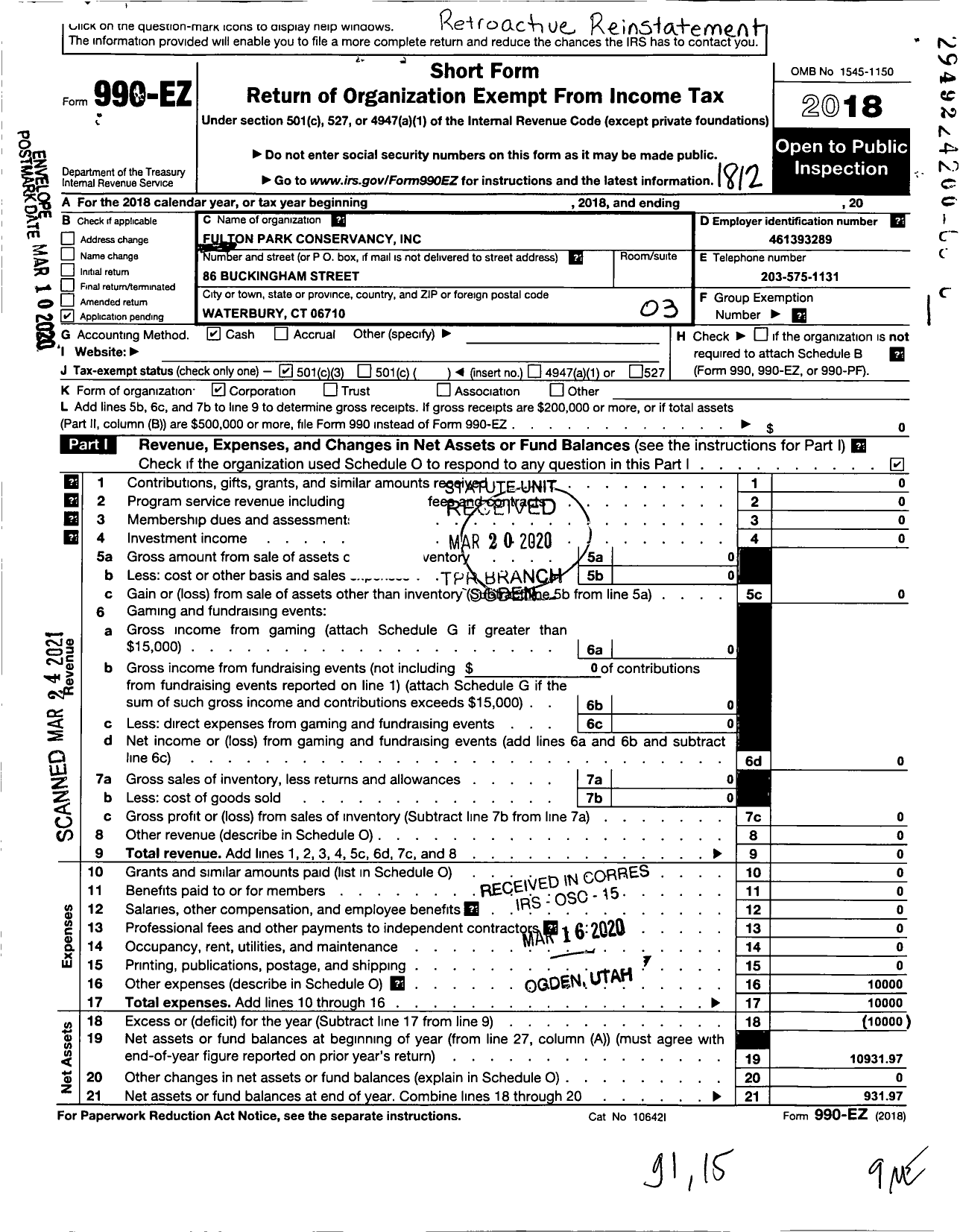 Image of first page of 2018 Form 990EZ for Fulton Park Conservancy