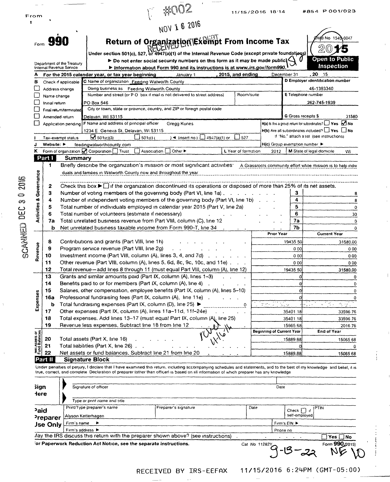 Image of first page of 2015 Form 990 for Feeding Walworth County