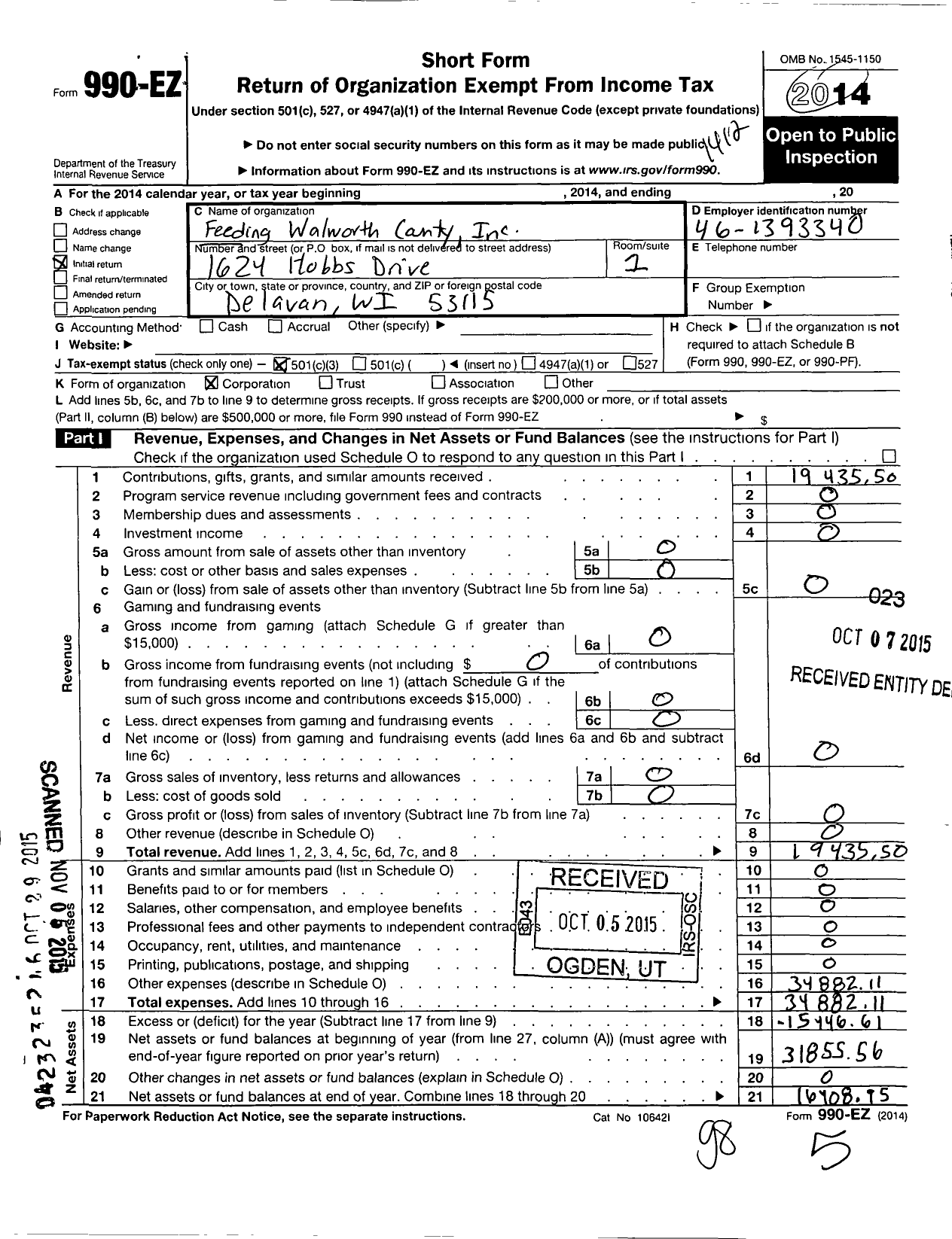 Image of first page of 2014 Form 990EZ for Feeding Walworth County