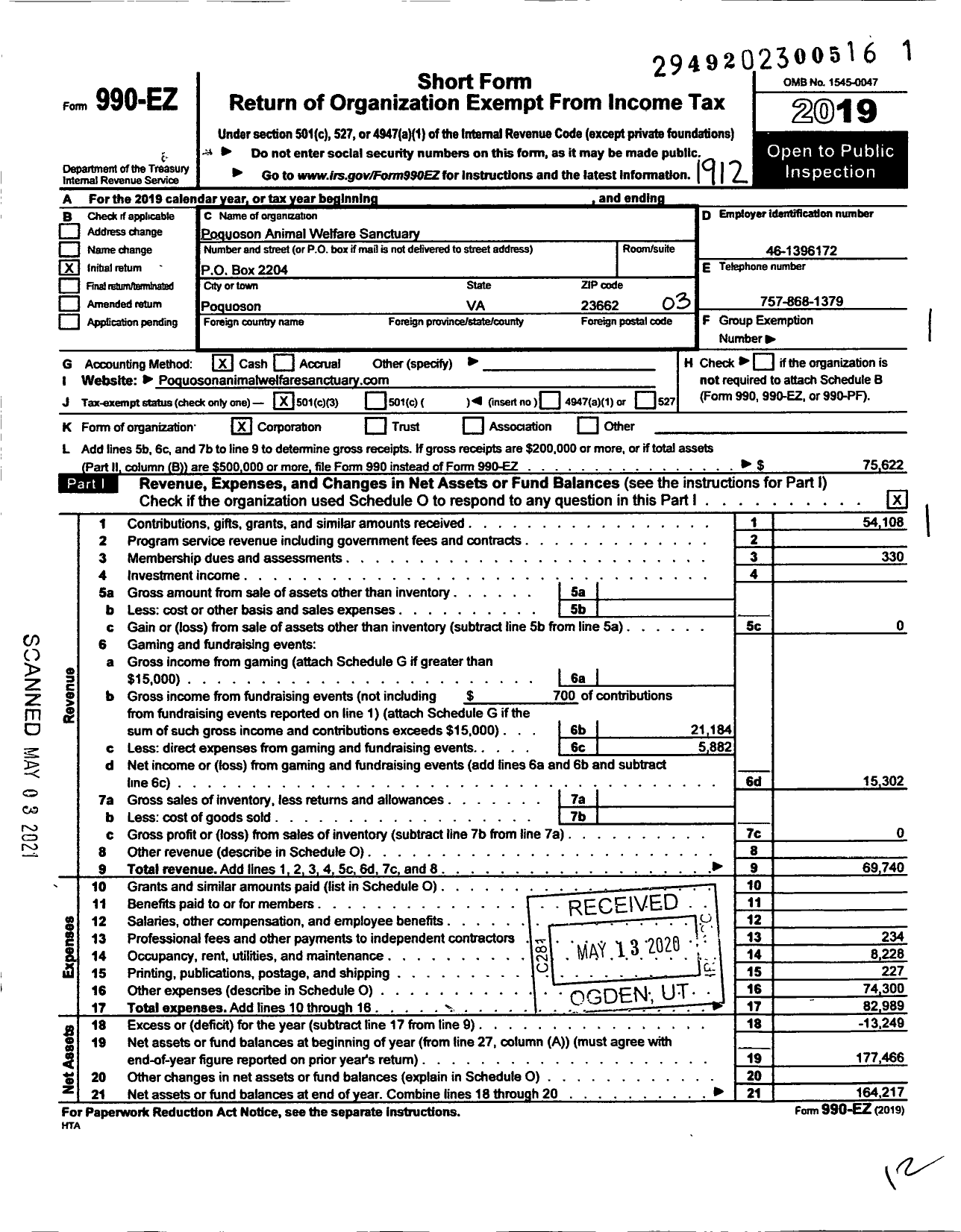 Image of first page of 2019 Form 990EZ for Poquoson Animal Welfare Sanctuary (PAWS)