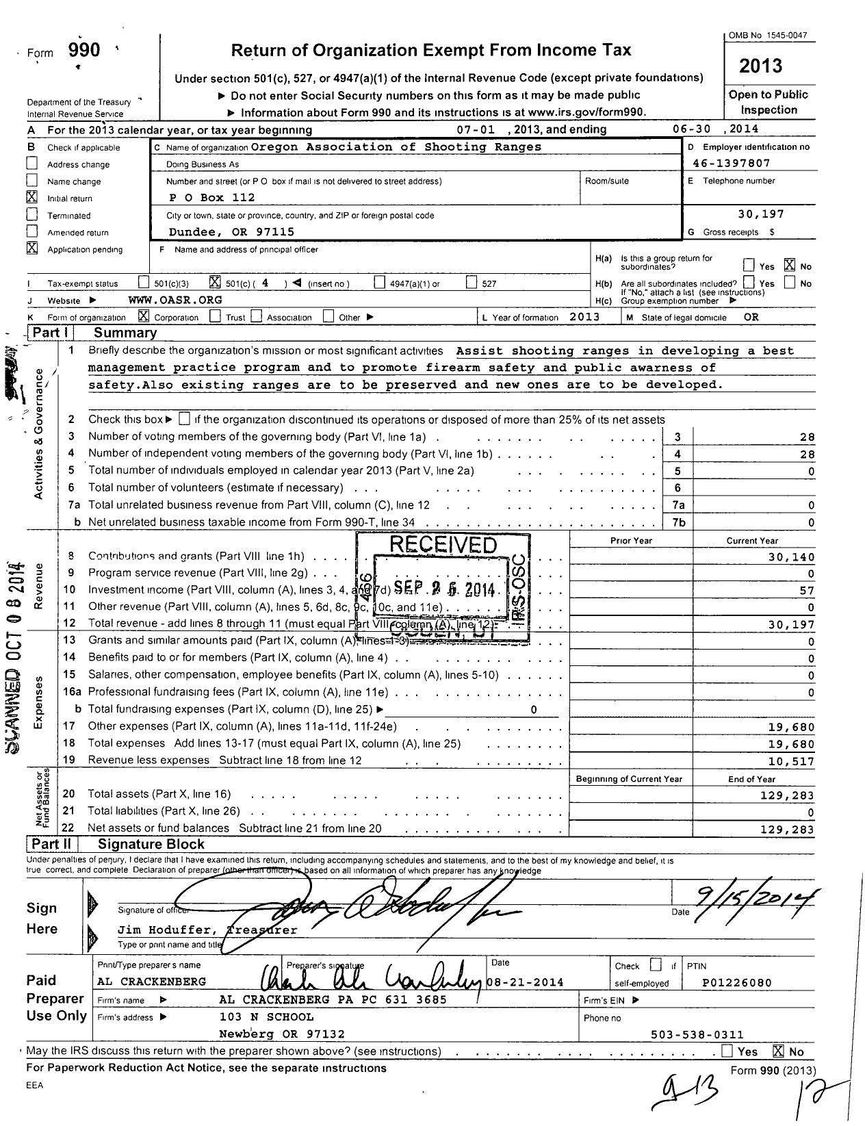 Image of first page of 2013 Form 990O for Oregon Association of Shooting Ranges