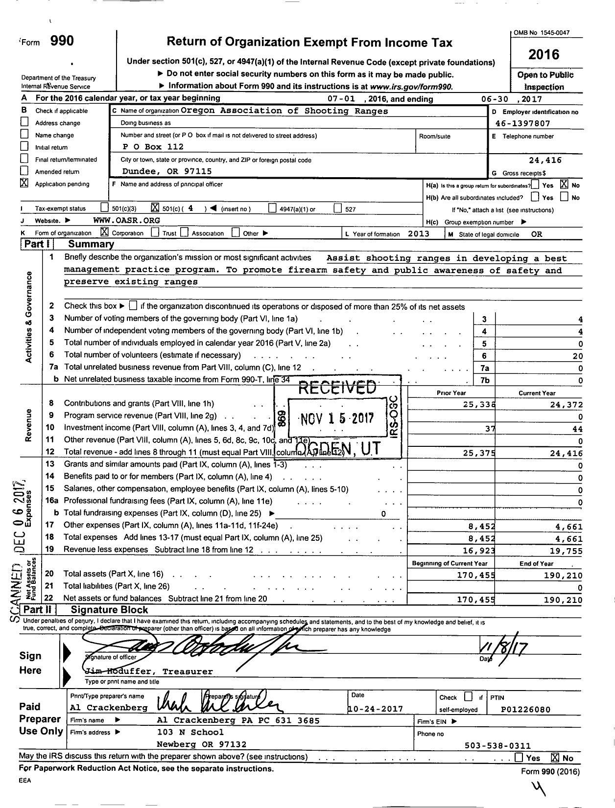 Image of first page of 2016 Form 990O for Oregon Association of Shooting Ranges