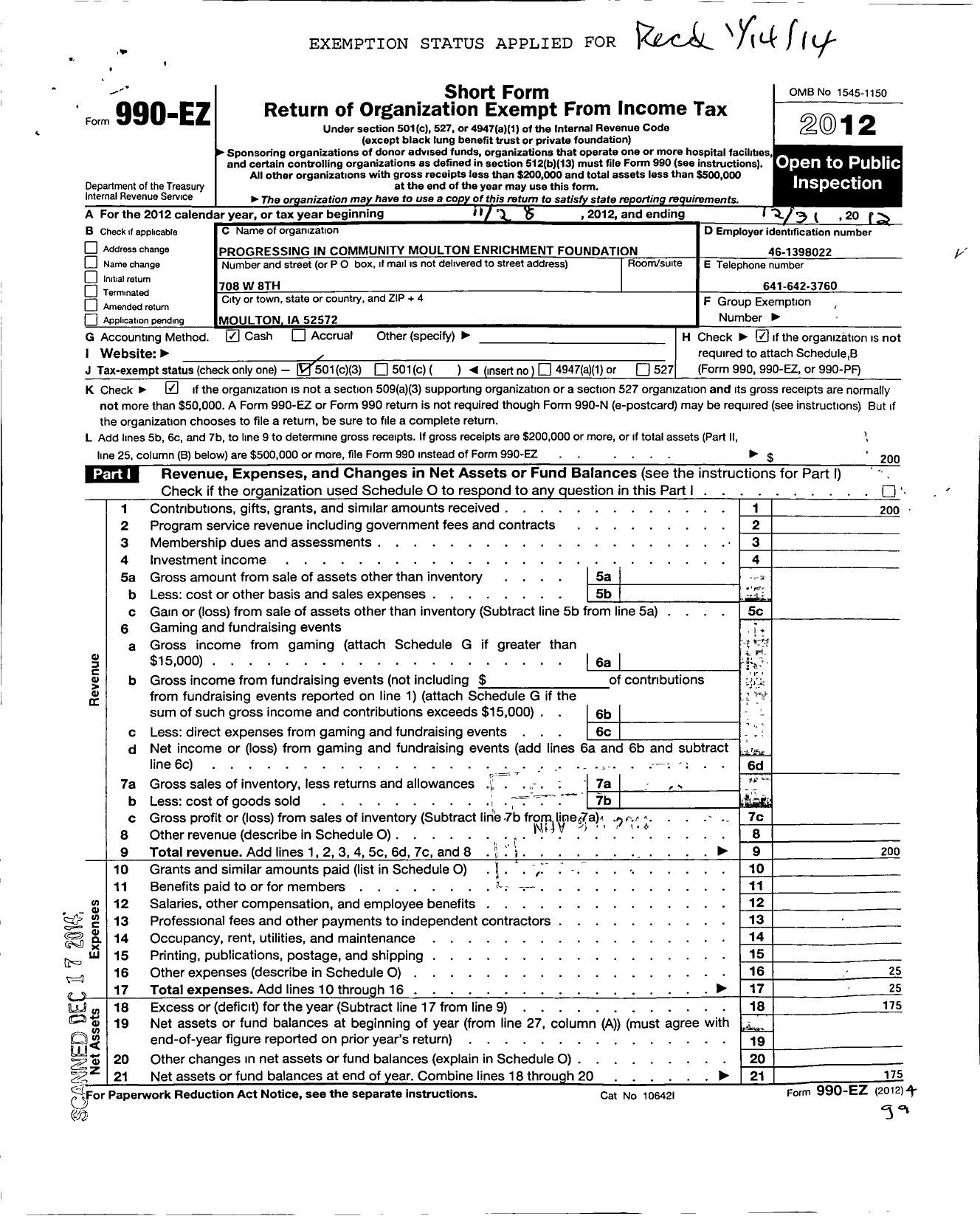 Image of first page of 2012 Form 990EZ for Progressing in Community Moulton Enrichment Foundation