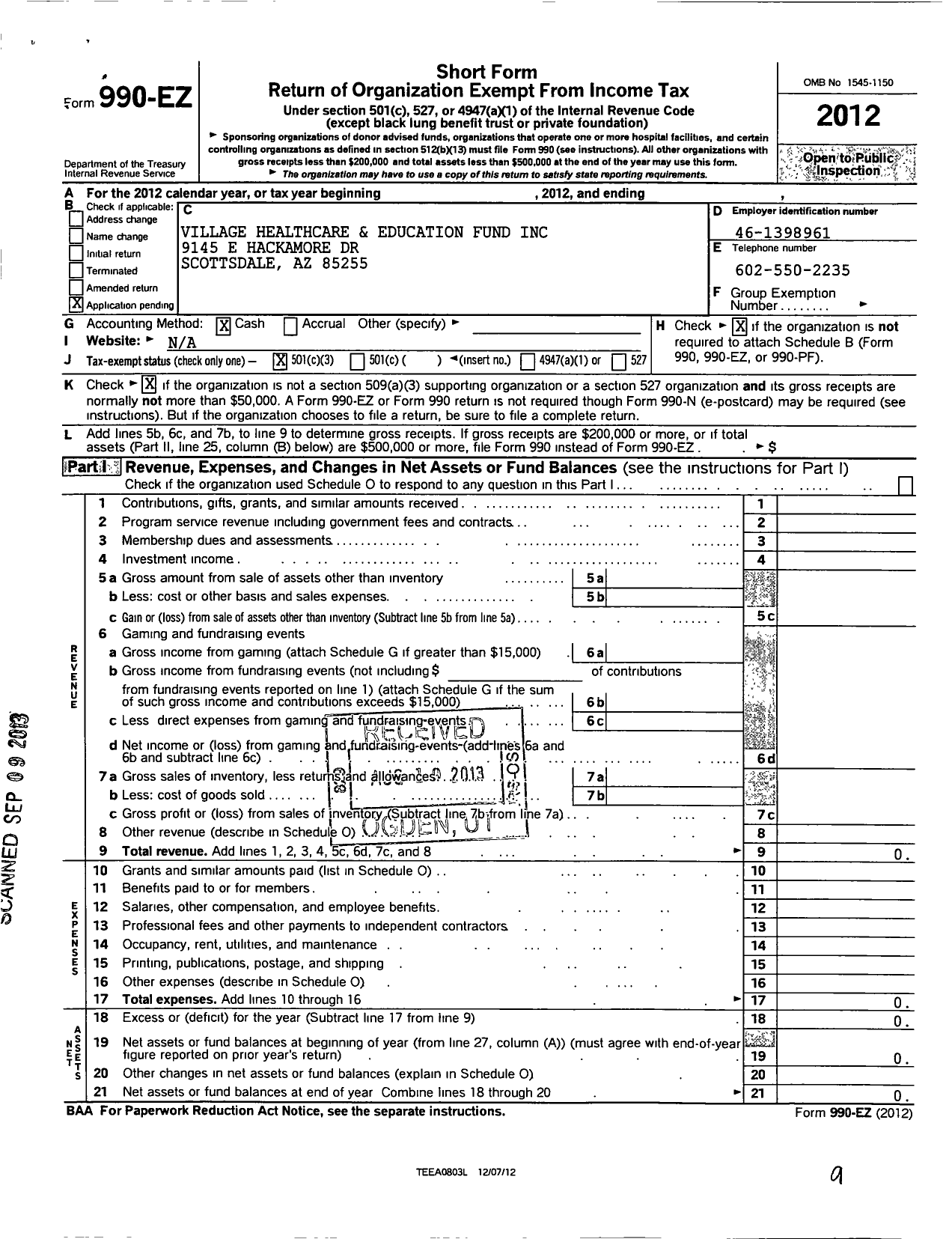 Image of first page of 2012 Form 990EZ for Village Healthcare and Education Fund