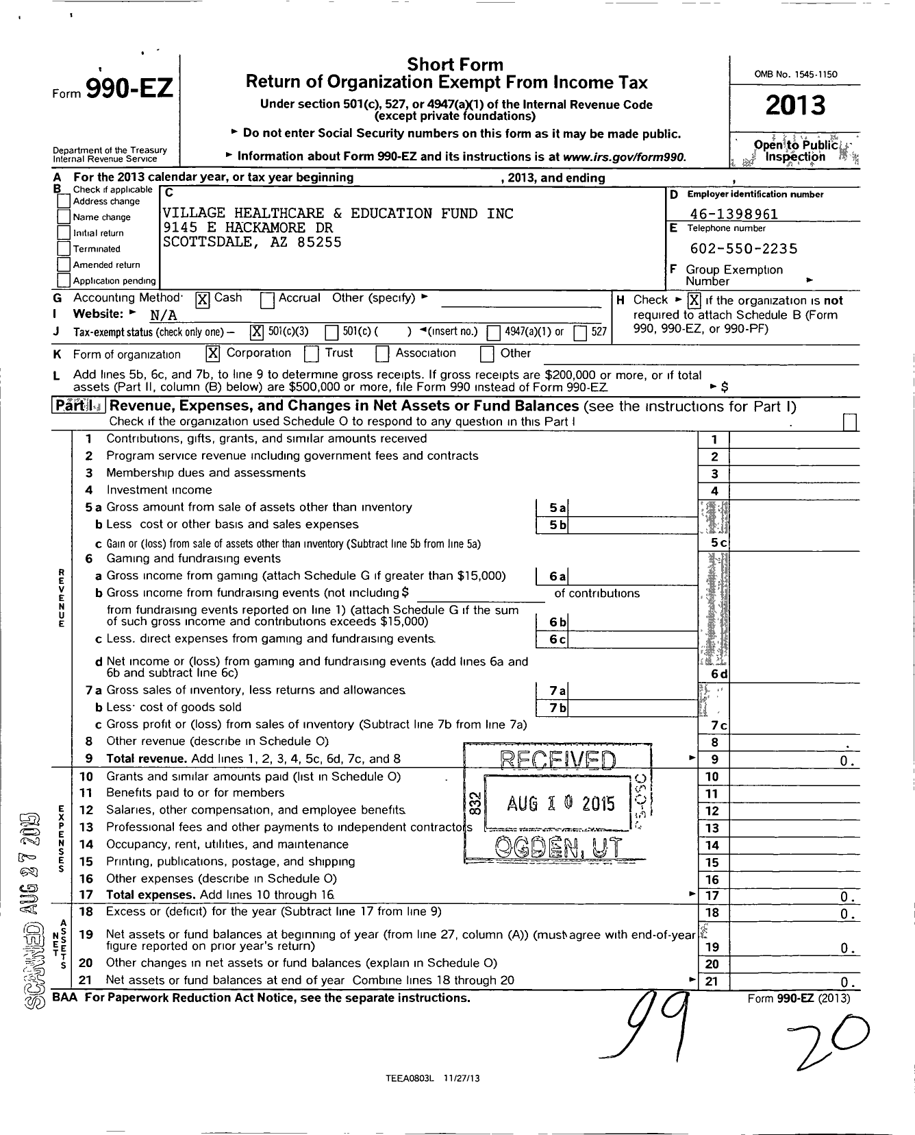 Image of first page of 2013 Form 990EZ for Village Healthcare and Education Fund