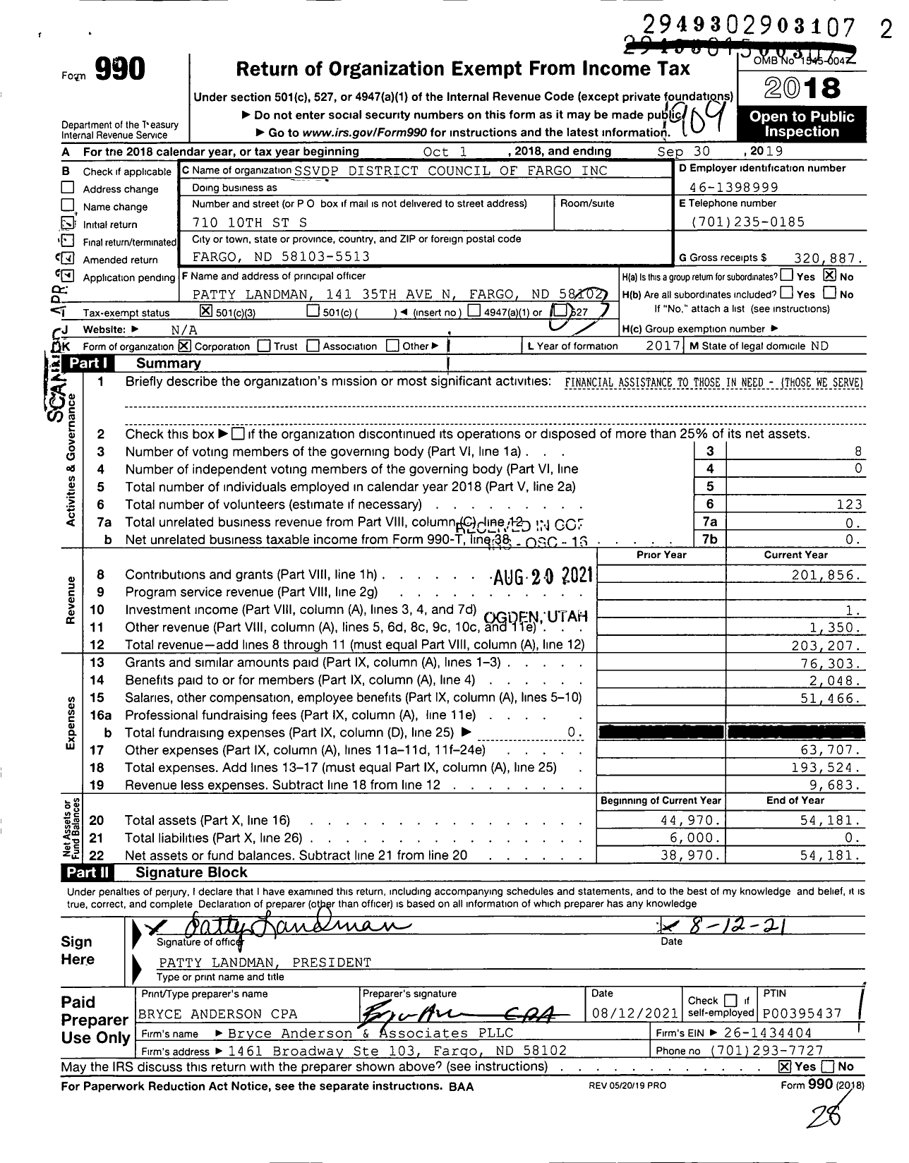 Image of first page of 2018 Form 990 for Society of ST. Vincent de Paul - SSVDP District Council of Fargo