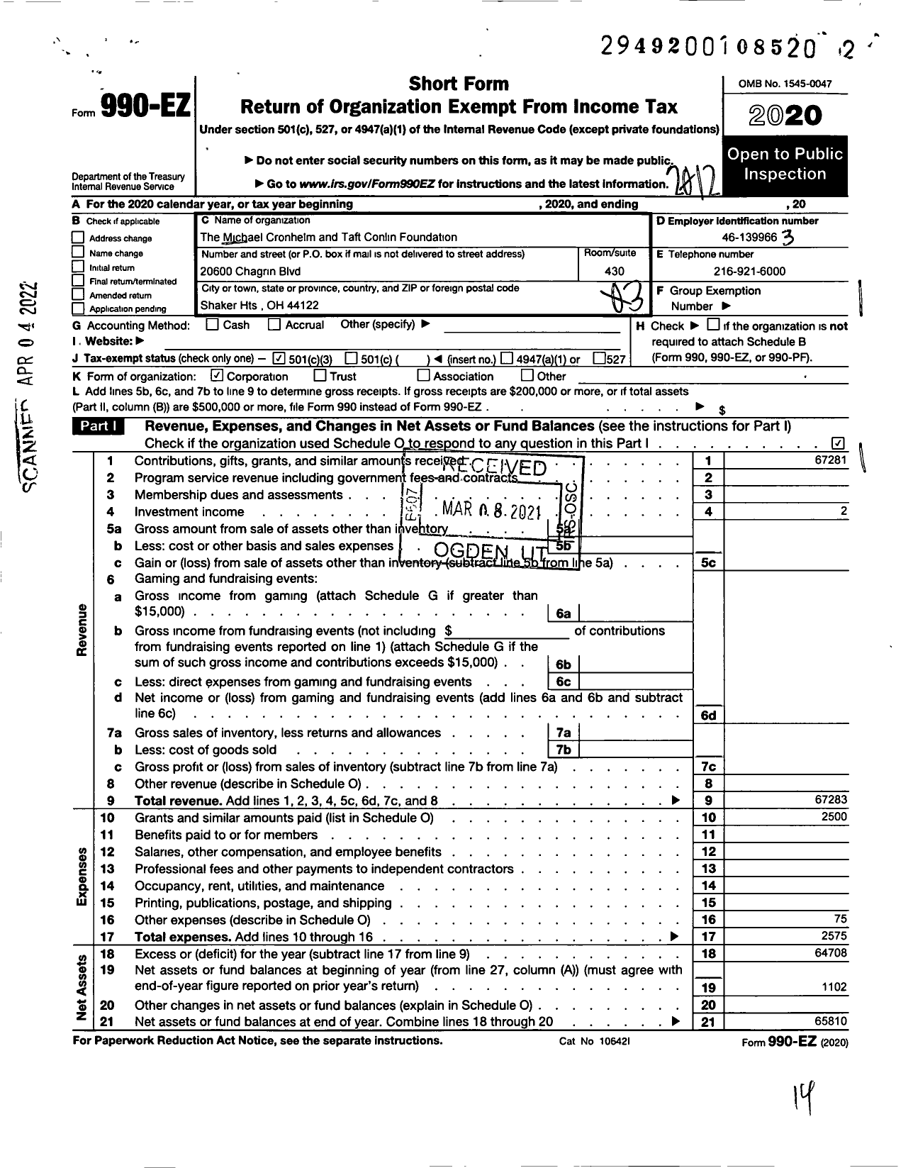 Image of first page of 2020 Form 990EZ for The Michael Cronhelm and Taft Conlin Foundation