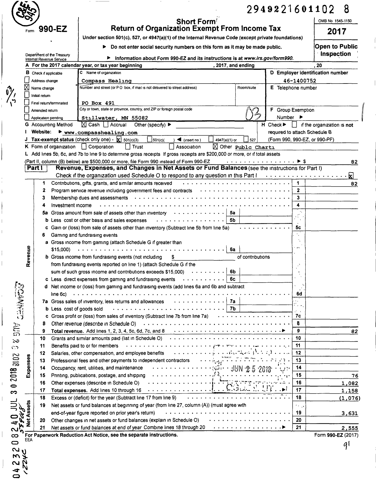 Image of first page of 2017 Form 990EZ for Compass Healing