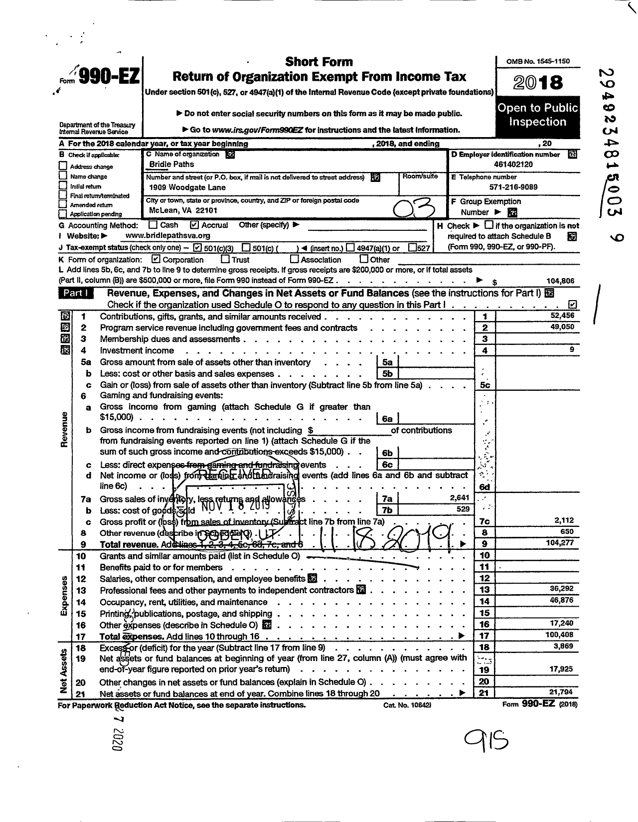 Image of first page of 2018 Form 990EZ for Bridle Paths