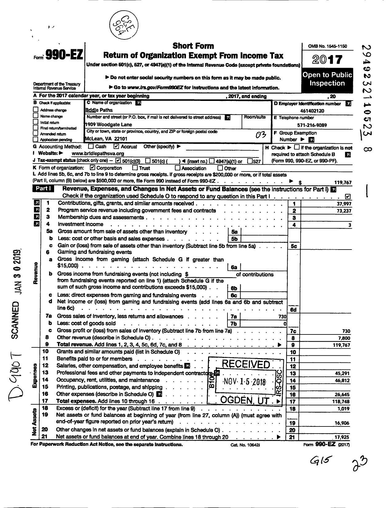 Image of first page of 2017 Form 990EZ for Bridle Paths