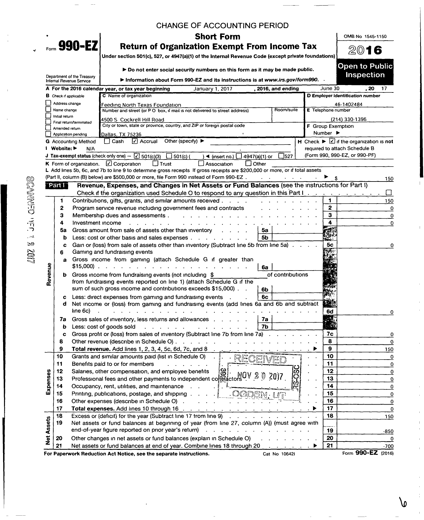 Image of first page of 2016 Form 990EZ for Feeding North Texas Foundation