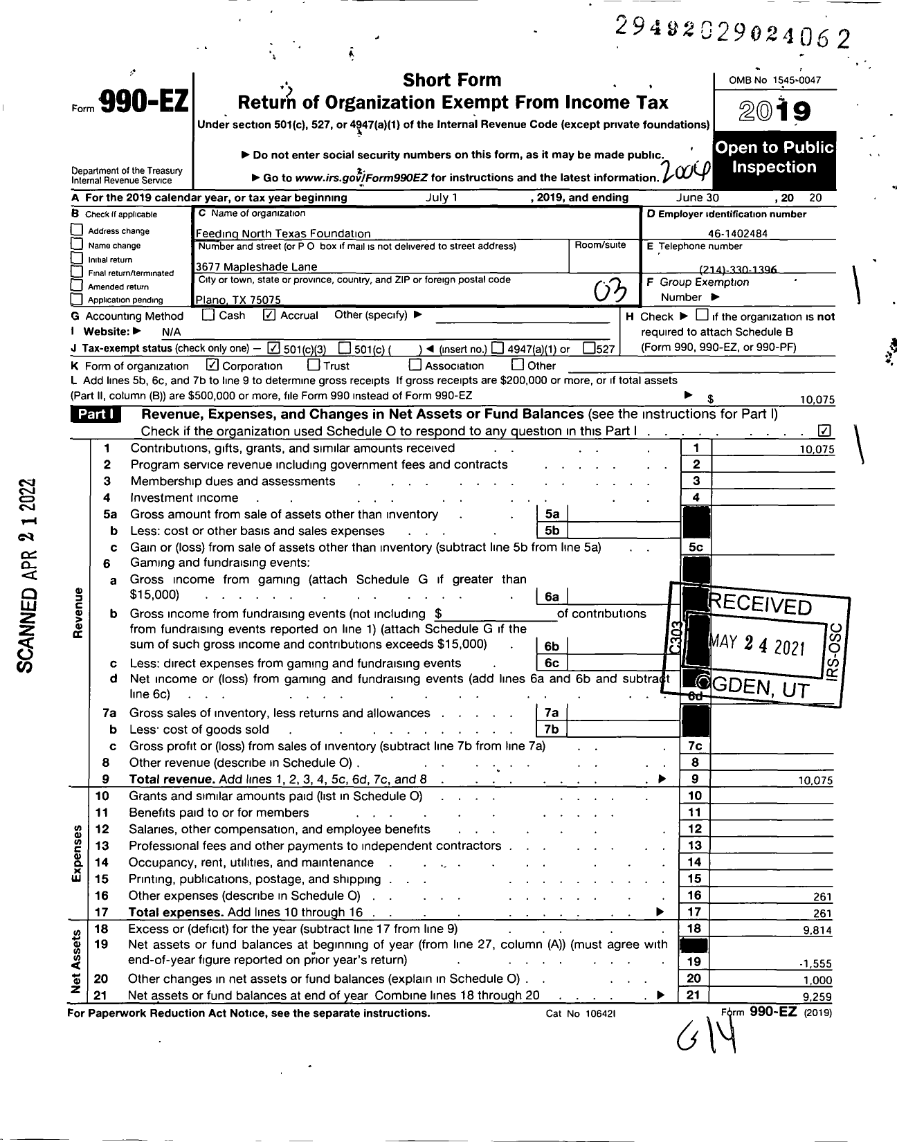 Image of first page of 2019 Form 990EZ for Feeding North Texas Foundation
