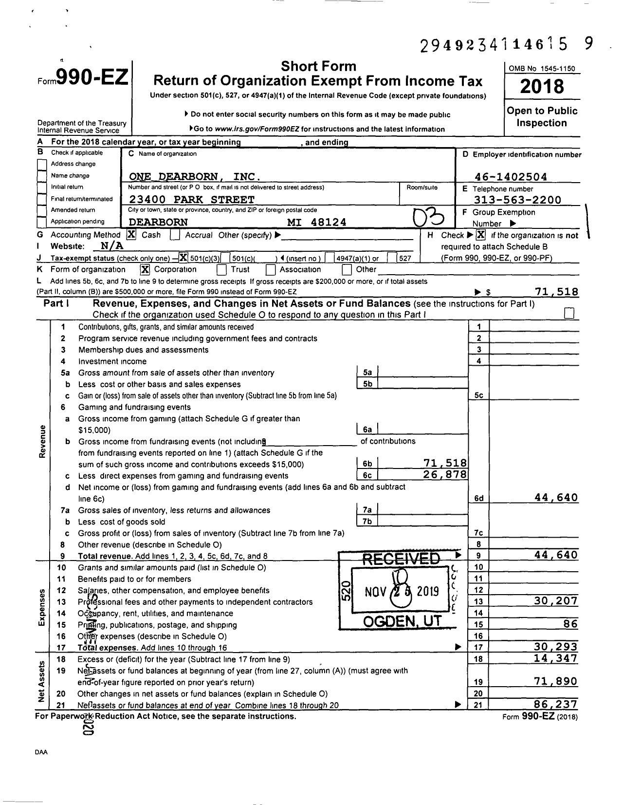 Image of first page of 2018 Form 990EZ for One Dearborn