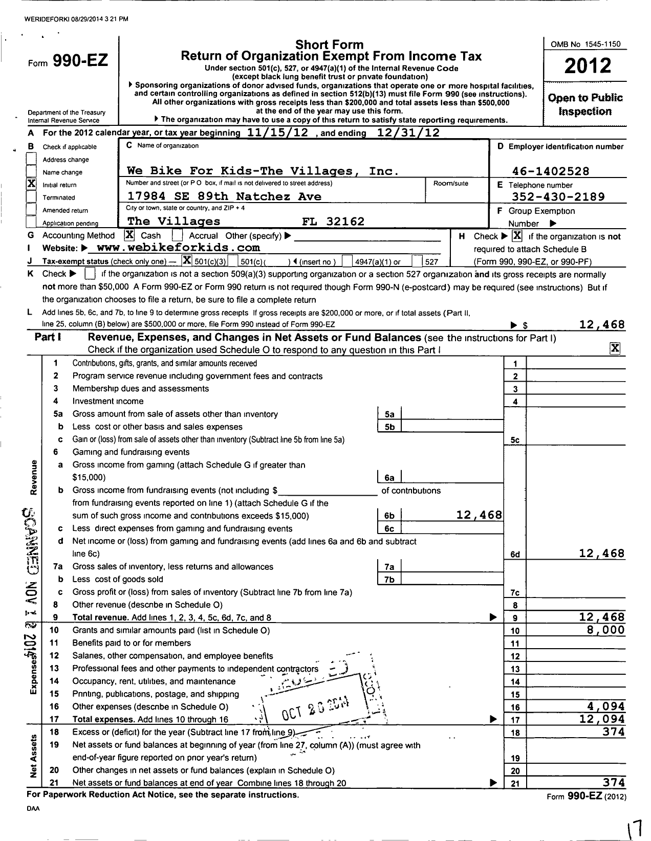 Image of first page of 2012 Form 990EZ for We Bike for Kids-The Villages