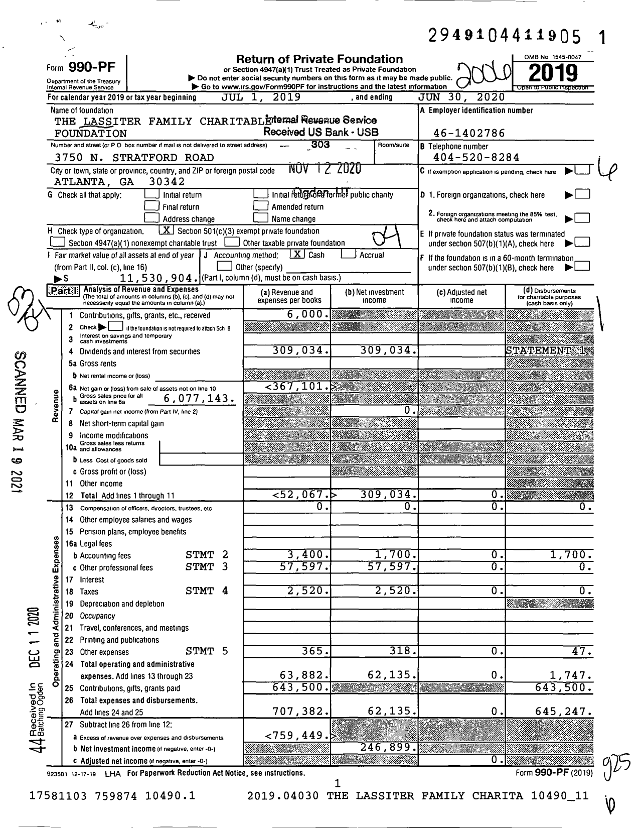 Image of first page of 2019 Form 990PF for The Lassiter Family Charitable Foundation