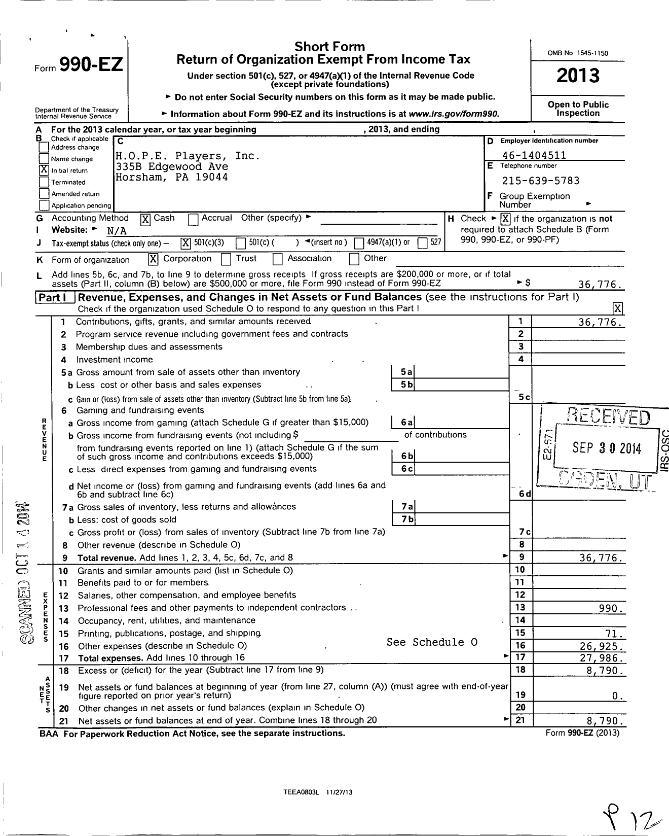 Image of first page of 2013 Form 990EZ for Hope Players