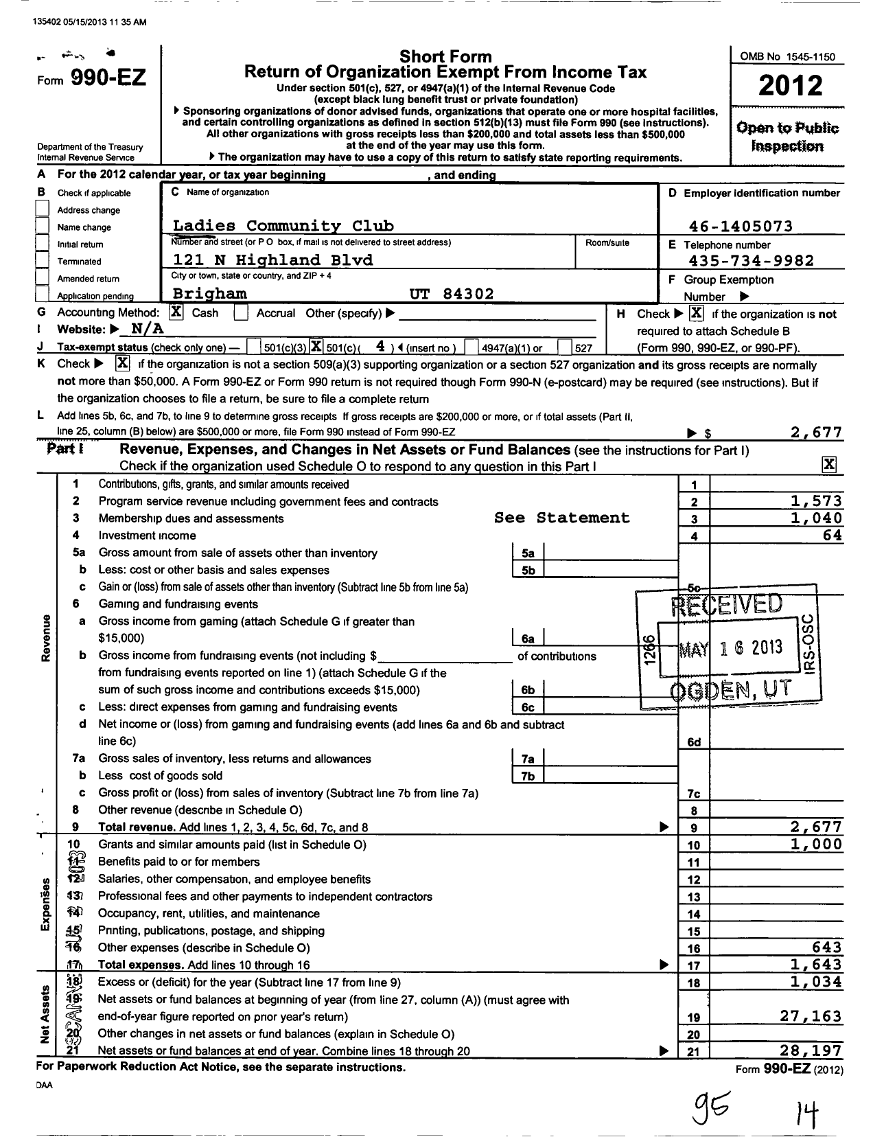 Image of first page of 2012 Form 990EO for Brigham City Womens Club