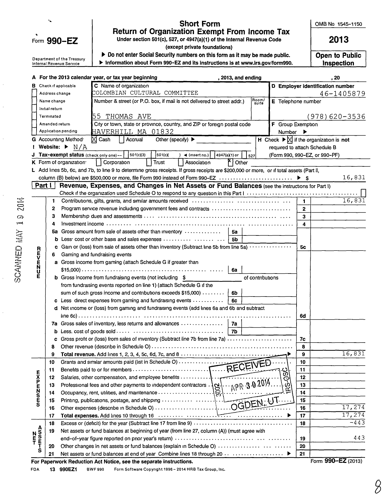 Image of first page of 2013 Form 990EO for Colombian Cultural Cmte of MV