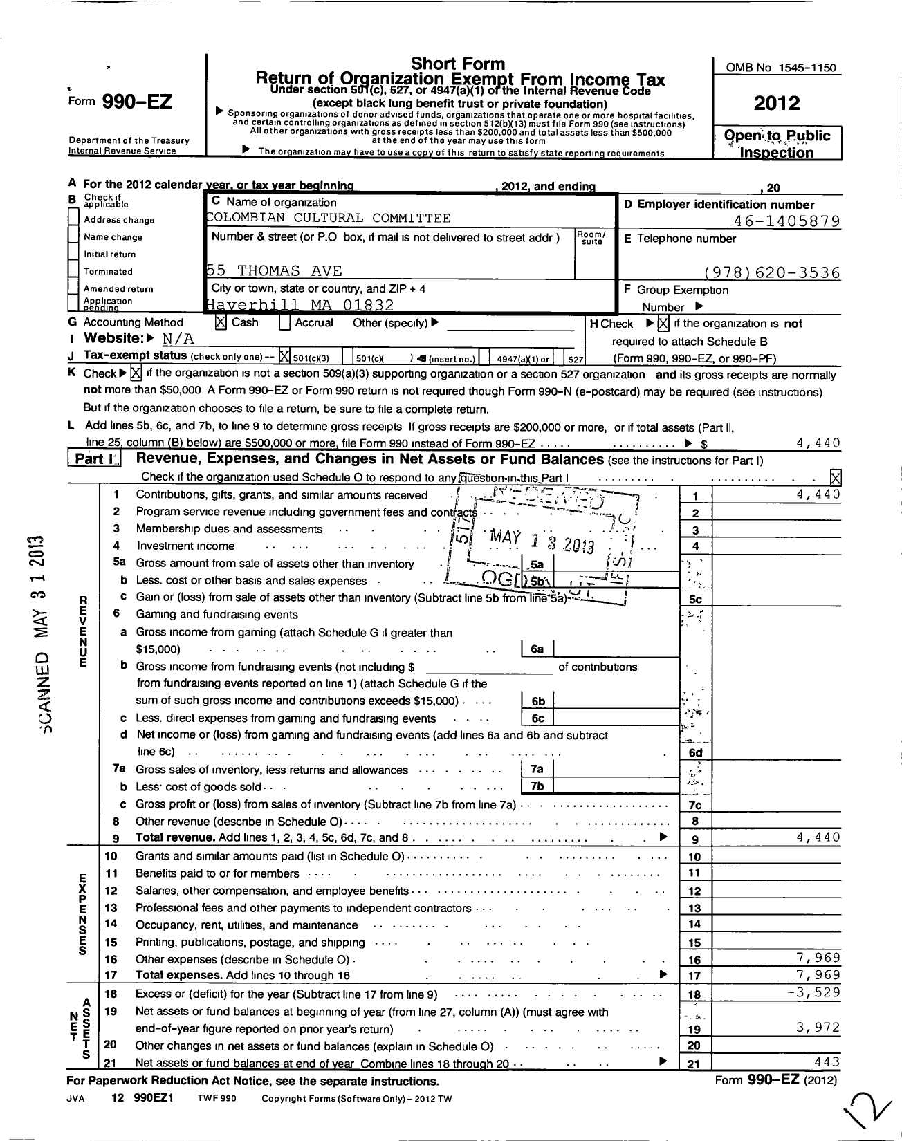 Image of first page of 2012 Form 990EZ for Colombian Cultural Cmte of MV