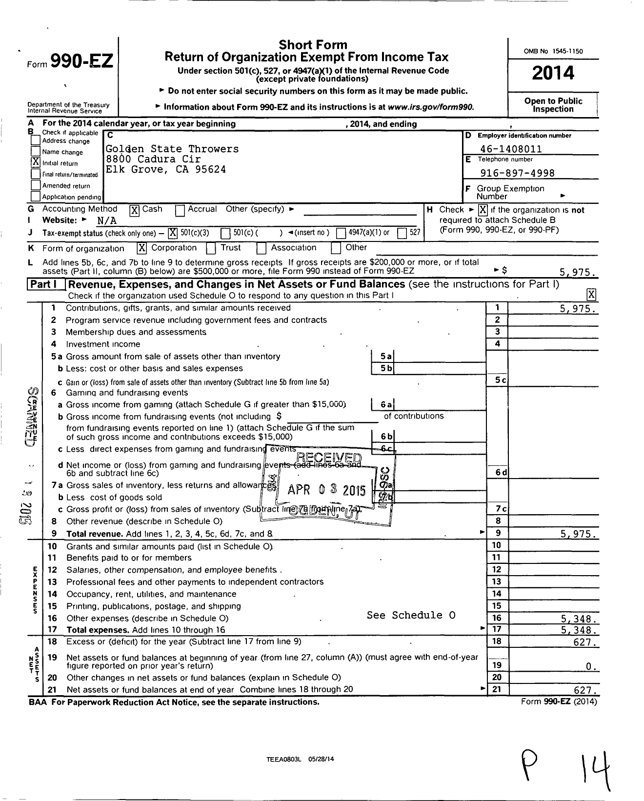 Image of first page of 2014 Form 990EZ for Golden State Throwers