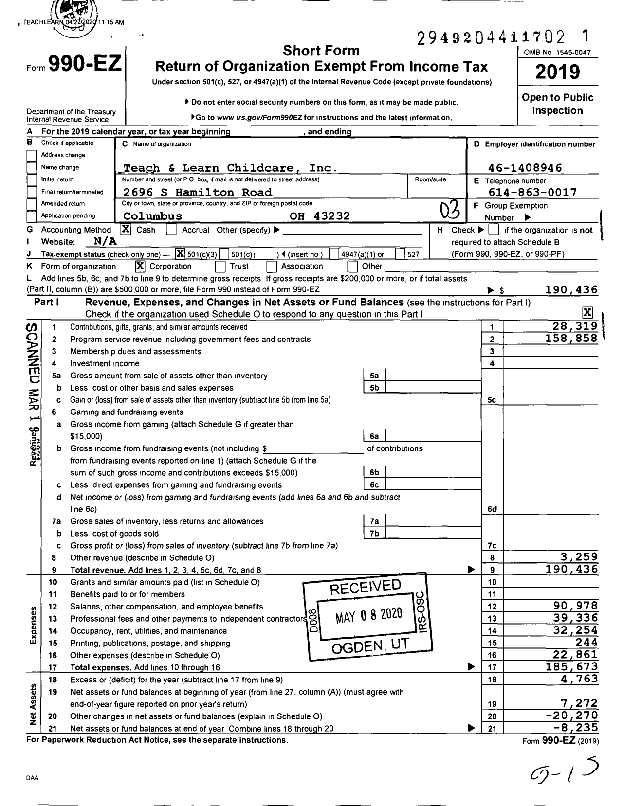 Image of first page of 2019 Form 990EZ for Teach and Learn Childcare
