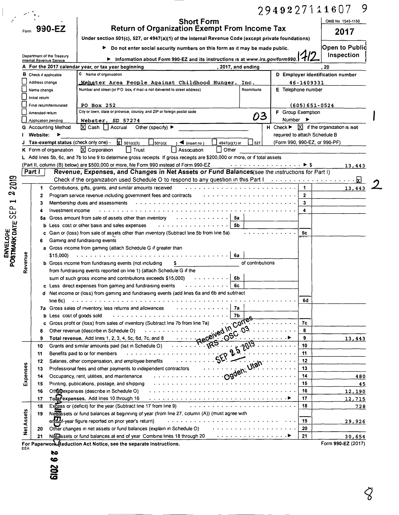 Image of first page of 2017 Form 990EZ for Webster Area People Against Childhood Hunger