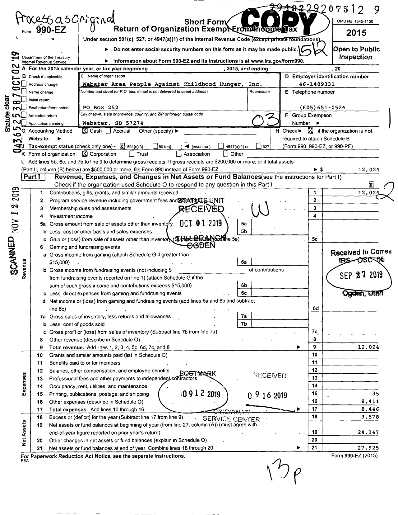 Image of first page of 2015 Form 990EZ for Webster Area People Against Childhood Hunger