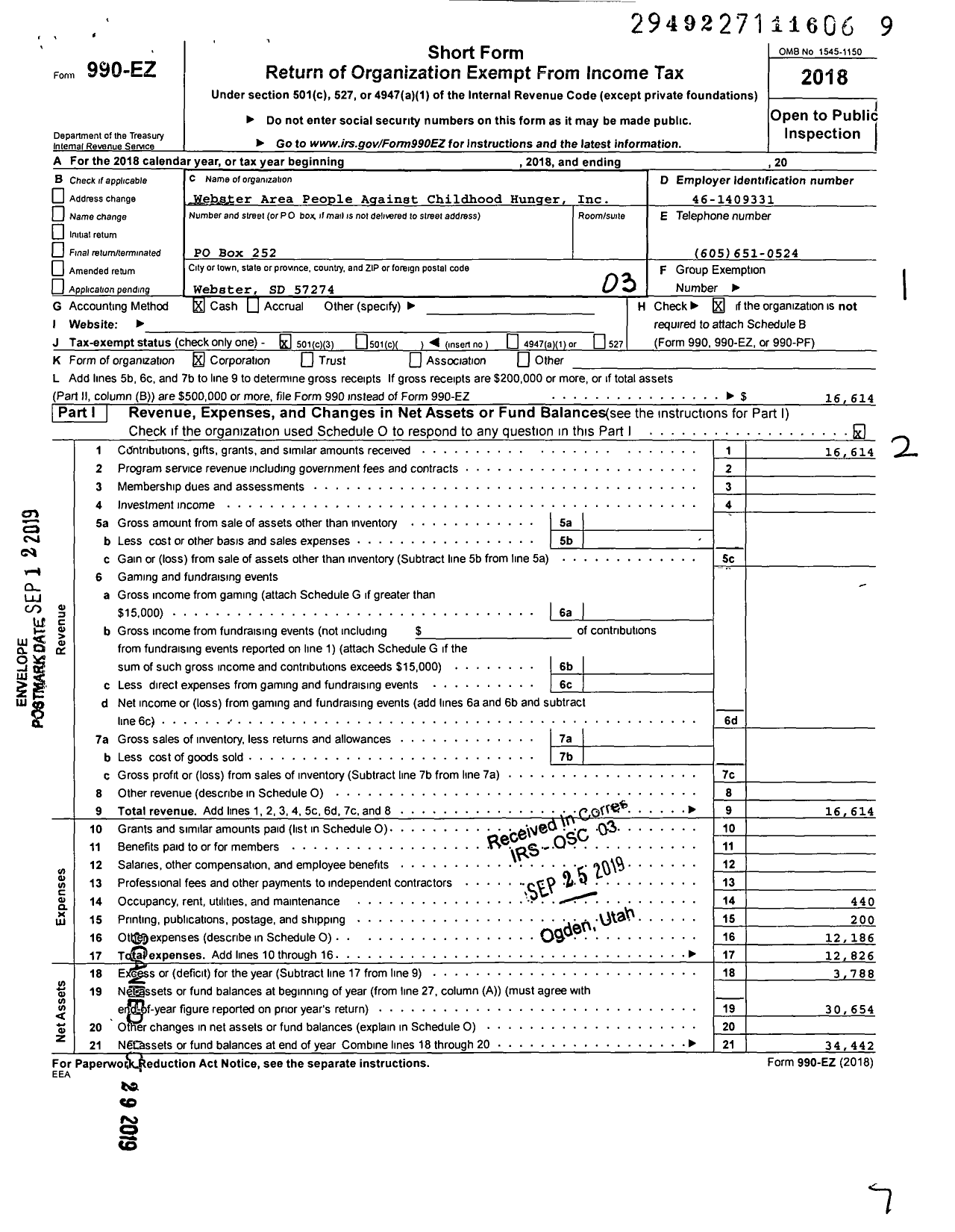 Image of first page of 2018 Form 990EZ for Webster Area People Against Childhood Hunger