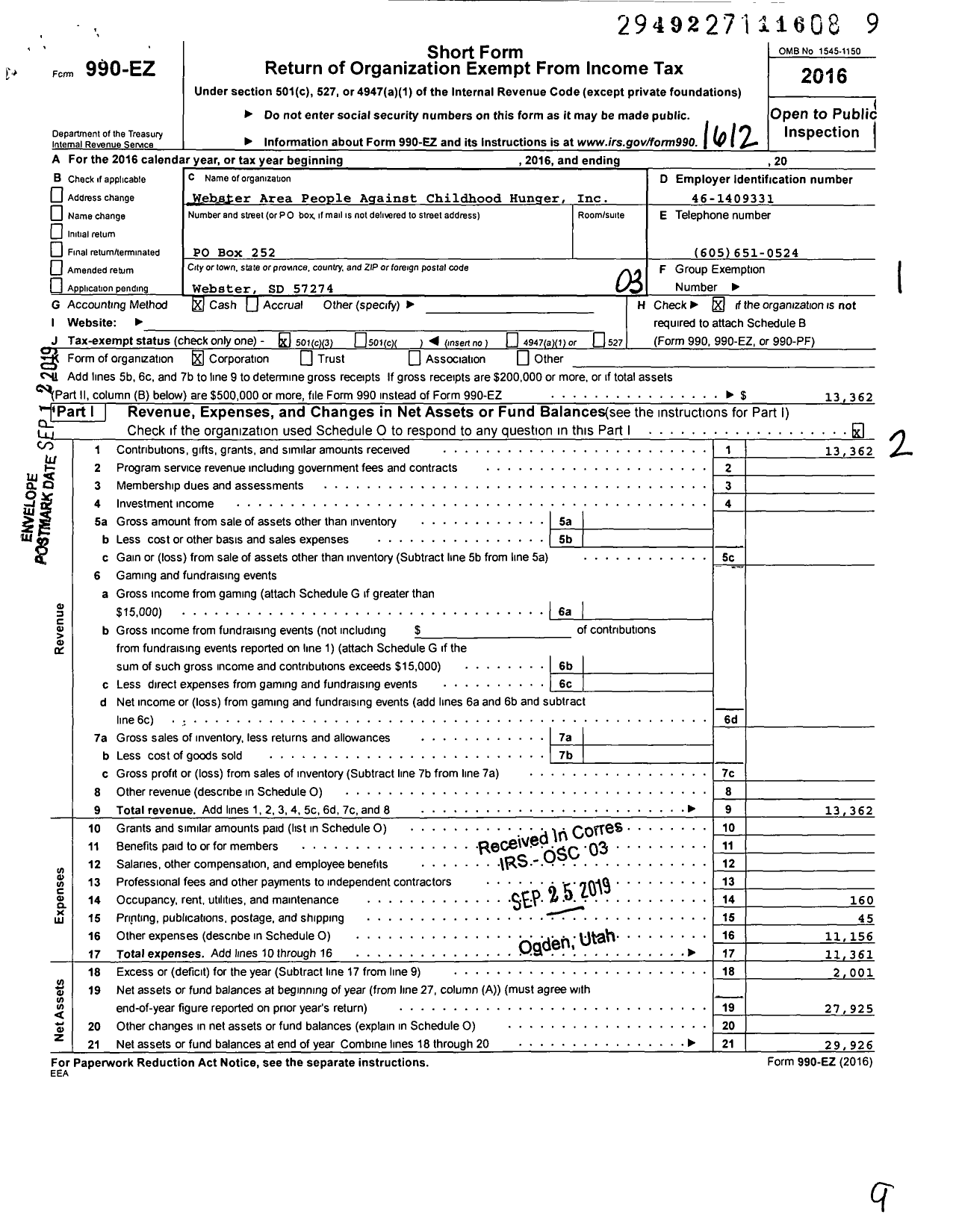 Image of first page of 2016 Form 990EZ for Webster Area People Against Childhood Hunger