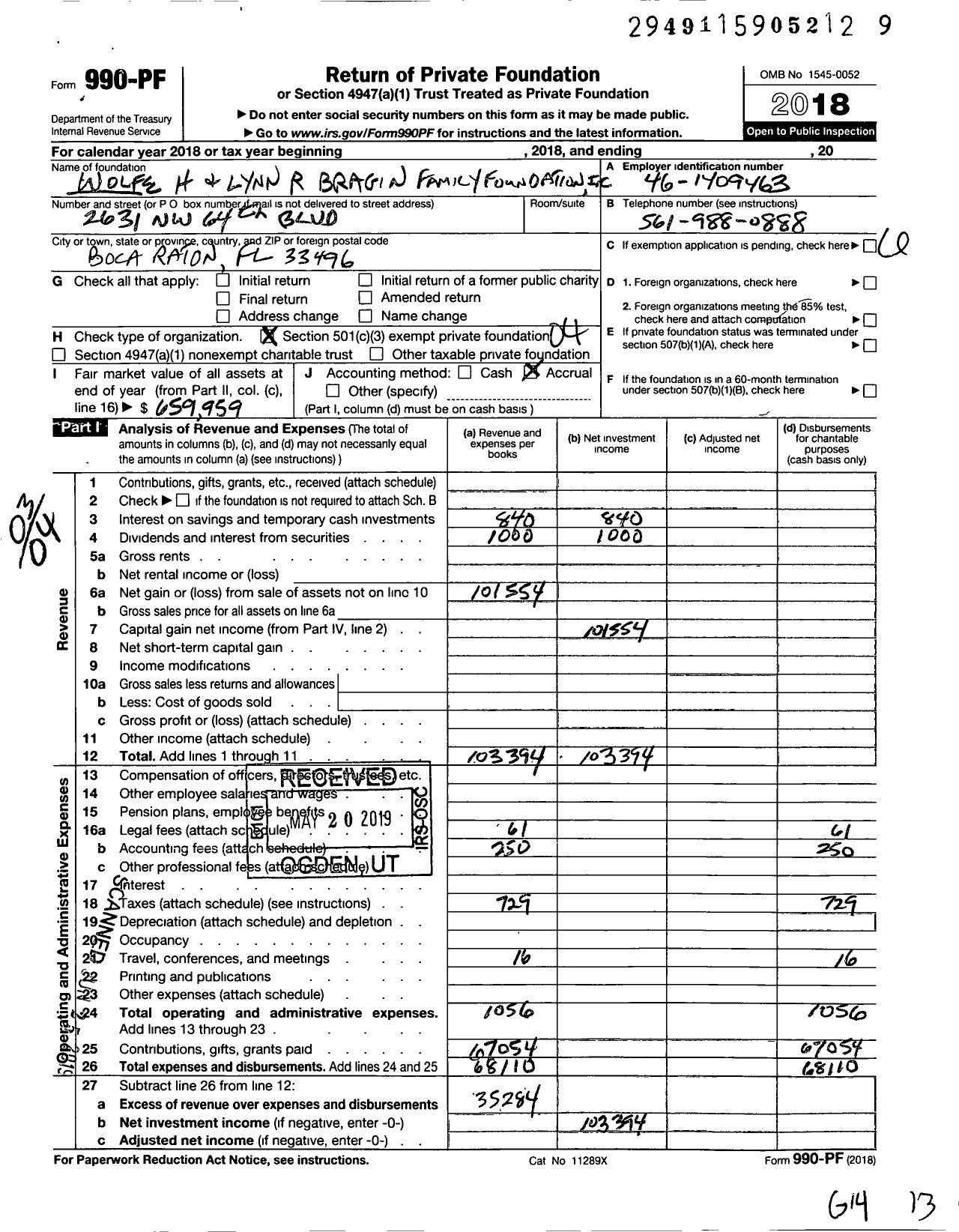 Image of first page of 2018 Form 990PF for Wolfe H and Lynn R Bragin