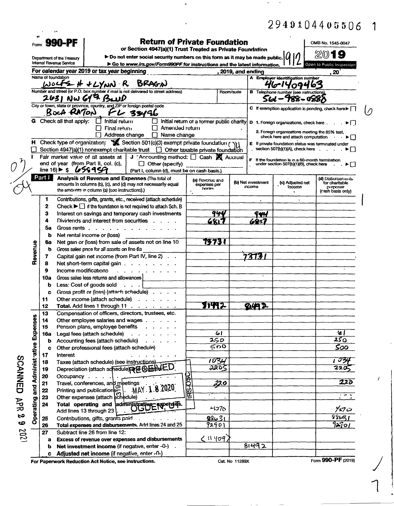 Image of first page of 2019 Form 990PF for Wolfe H and Lynn R Bragin