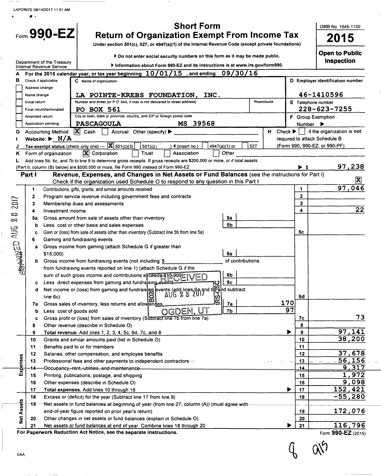 Image of first page of 2015 Form 990EZ for La Pointe-Krebs Foundation